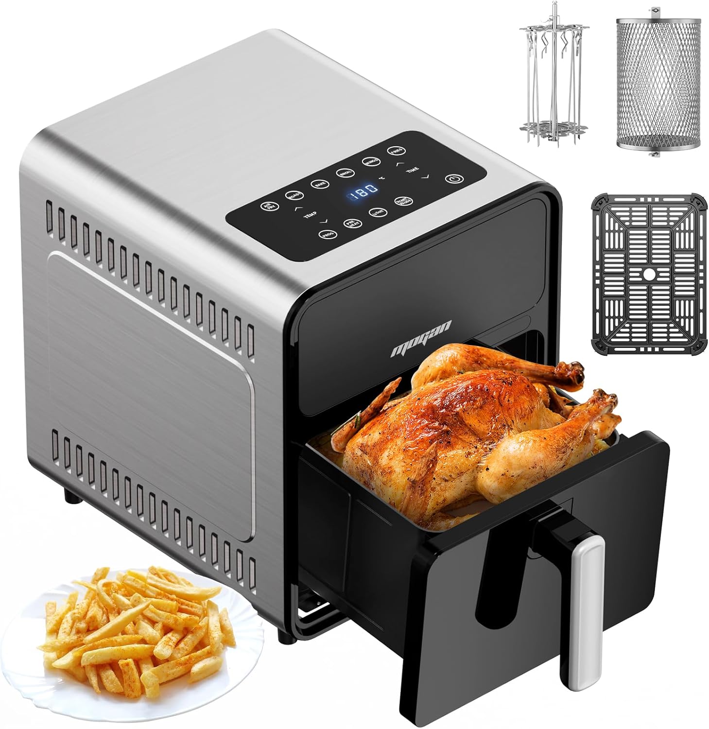 Air Fryer Toaster Oven with Rotisserie, 8.5QT 1650W 6-In-1 Countertop Oven with Stainless Steel Grill, 4 Preheats, 24H Timer, 13 Temp Settings, LED Touchscreen Digital Air Fryer Oven for Bake, Broil