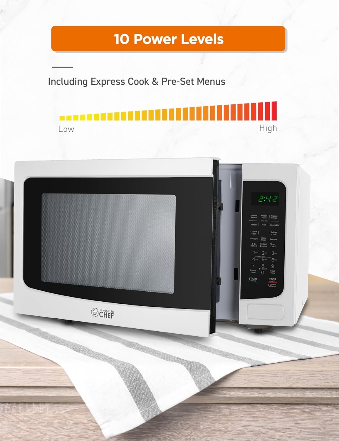 Commercial Chef 1.6 Cubic Foot Microwave with 10 Power Levels, Small Microwave with Push Button Child Safety Lock, 1100 Watt Microwave with Digital Control Panels, Countertop Microwave & Timer, White