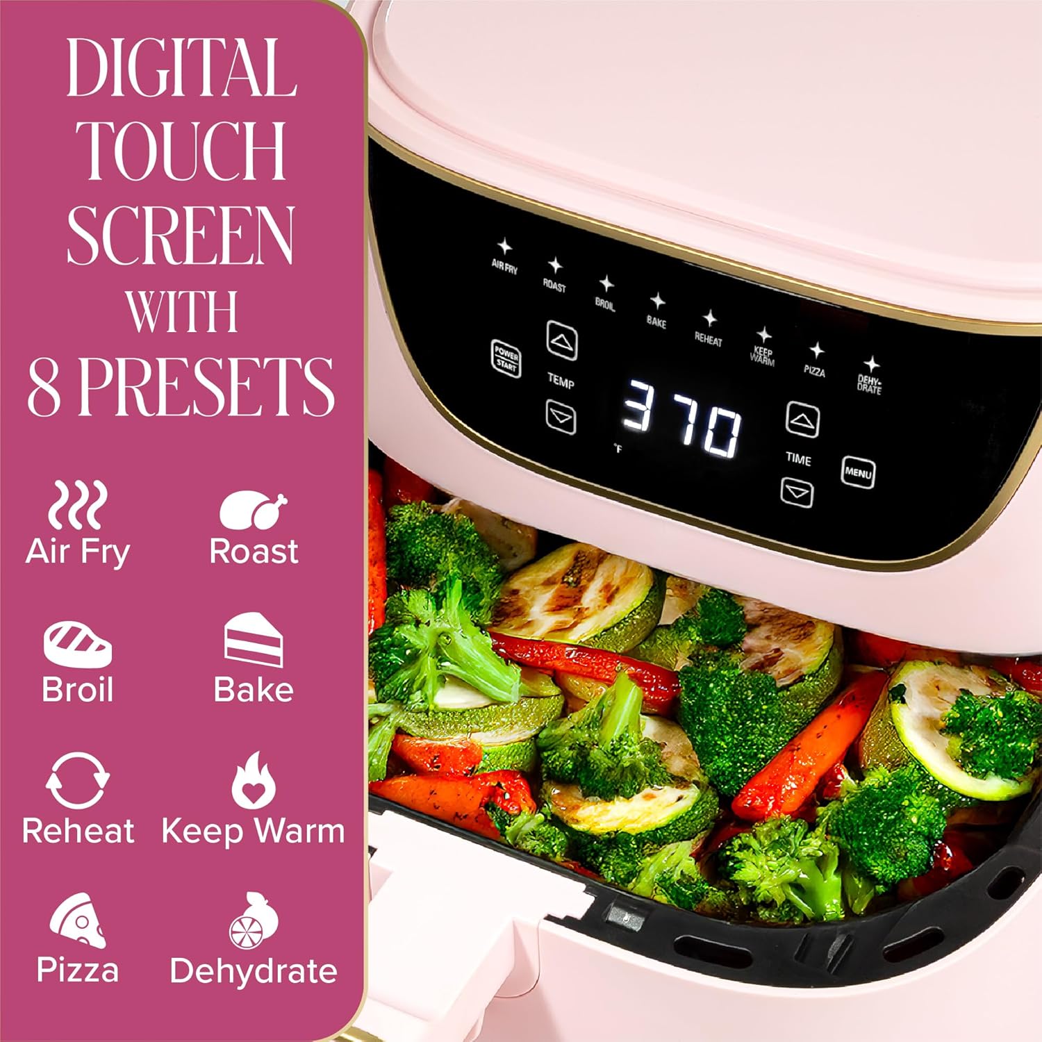 Paris Hilton Air Fryer, Large 6-Quart Capacity, Nonstick Made without PFAS, Touchscreen Display, 8-in-1 (Air Fry, Roast, Broil, Bake, Reheat, Keep Warm, Pizza, Dehydrate), Dishwasher Safe, Pink