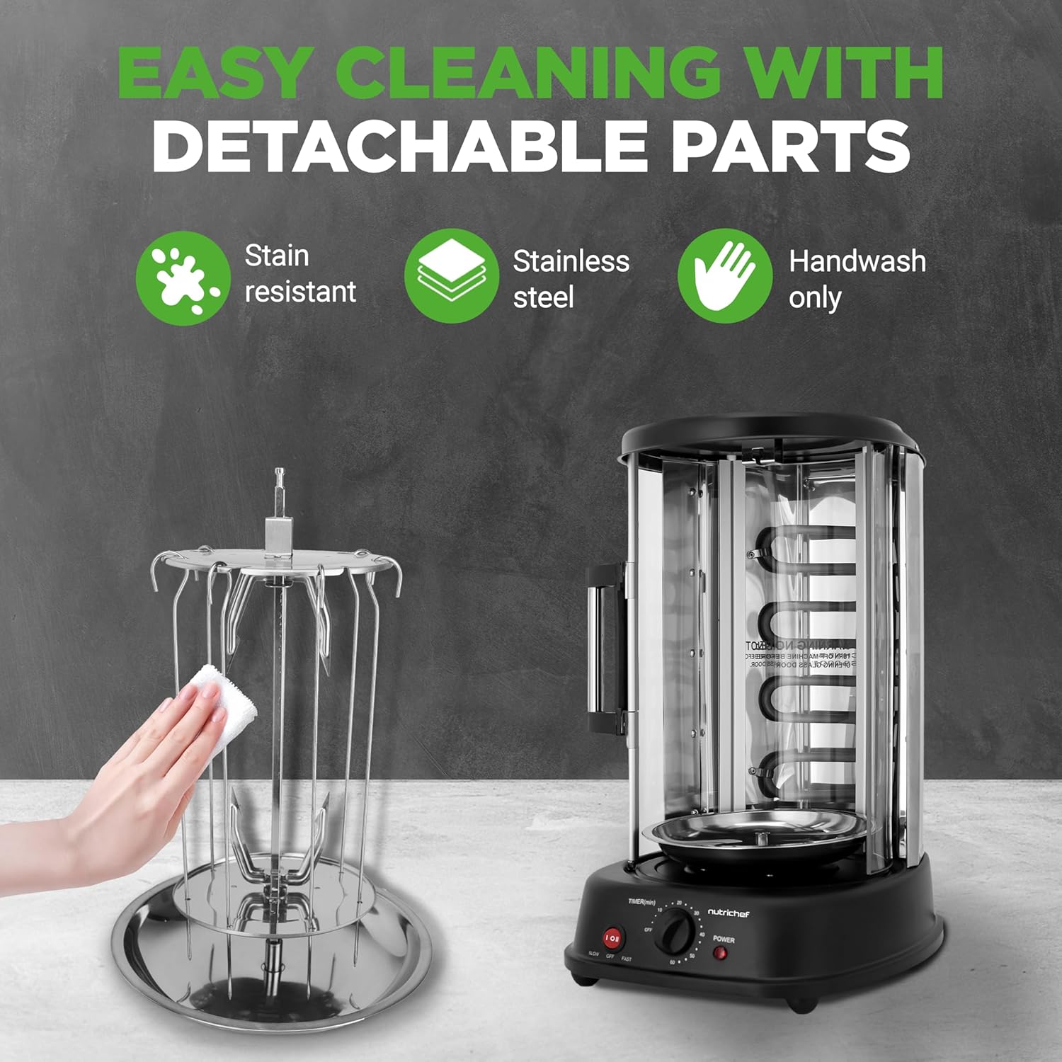 NutriChef Vertical Rotating Shawarma Oven - Rotisserie, Shawarma, & Kebab Machine - Stain-Resistant, Energy-Efficient - Heat-Resistant Door - Includes Kebab Rack with 7 Skewers - Stainless Steel