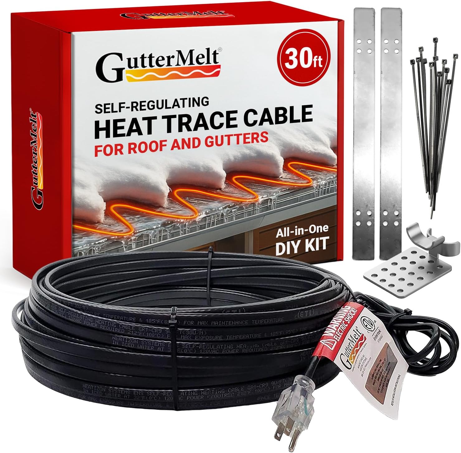 Heat Trace Cable for Gutters - 30 Feet, 2.25 Amps, 270 Watts, 120V Self Regulating Gutter Heat Cable for Metal Roof, Heated Gutter Cables, Ice Dam Melt Tape, Snow Cables, Roof Ice Melt System