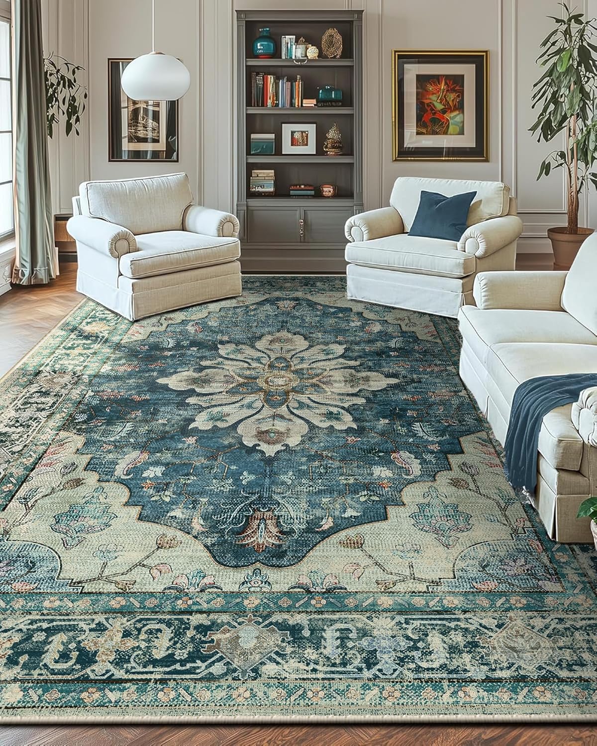 Area Rugs 10'x14' Washable Non-Slip, Floral Vintage Distress Print Pattern Medallion Carpet for Living Room Bedroom Dining Room, Dark Blue Vintage