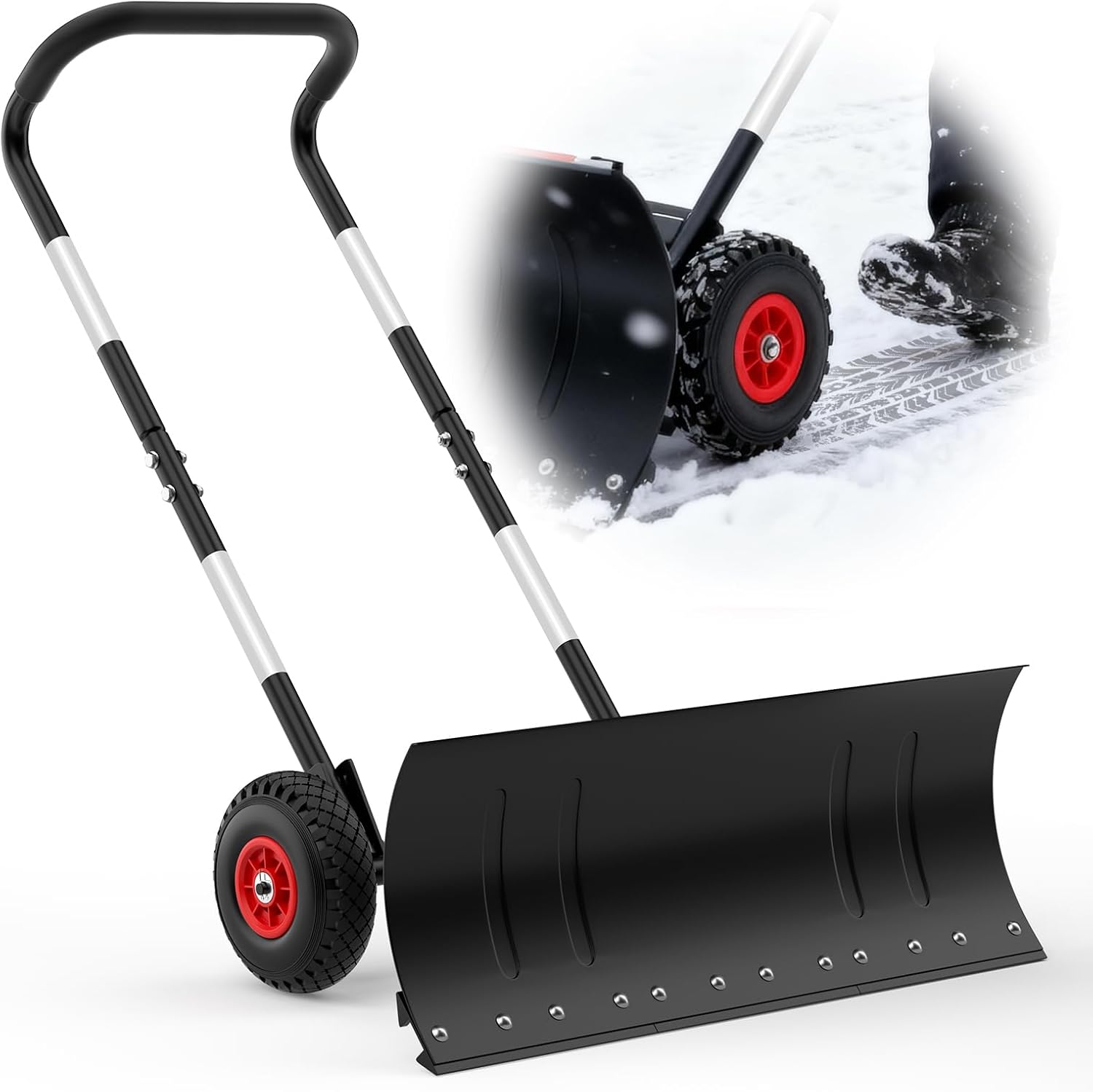 Snow Shovel Pusher for Driveway,Heavy Duty Steel Snow Shovel with Wheels,29 in Angled Blade Efficient Snow Removal,3 Level Adjustable Height Handle,Snow Plow with Safety Reflective Tape