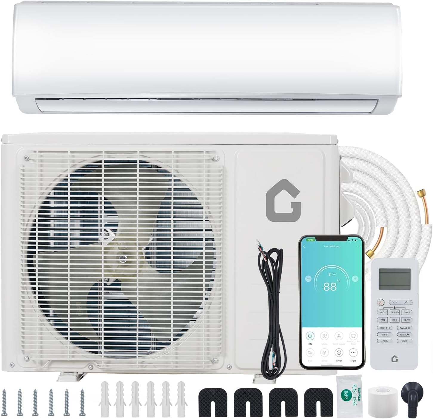 GarveeHome 18000 BTU 19 SEER2 Mini Split AC Heat Pump, 230V Inverter Ductless Air Conditioner, Heating System, Cools 1250 Sq.Ft with Install Kit R32 Series
