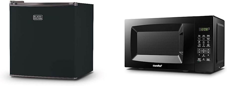 BLACK+DECKER BCRK17B Compact Refrigerator Energy Star Single Door Mini Fridge with Freezer, 1.7 Cubic Feet, Black & COMFEE' EM720CPL-PMB Countertop Microwave Oven with Sound On/Off, ECO Mode