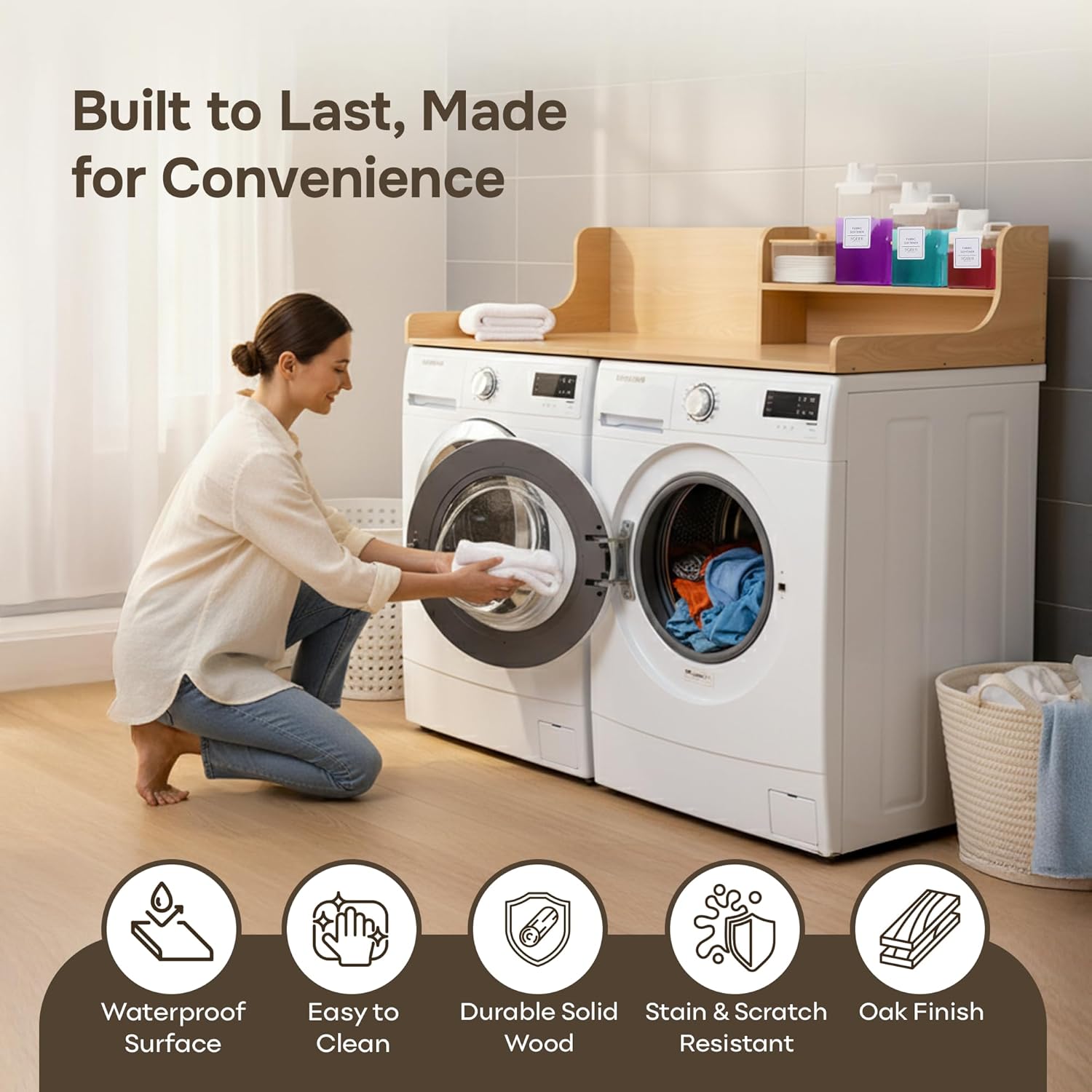 SOBHI | Washer and Dryer Countertop with Laundry Accessories | 54″ x 27″ Laundry Room Organization and Storage Topper | 3 Detergent Dispensers, Dryer Sheet Box, Hooks & Anti-Slip Pads, Oak Wood Finish