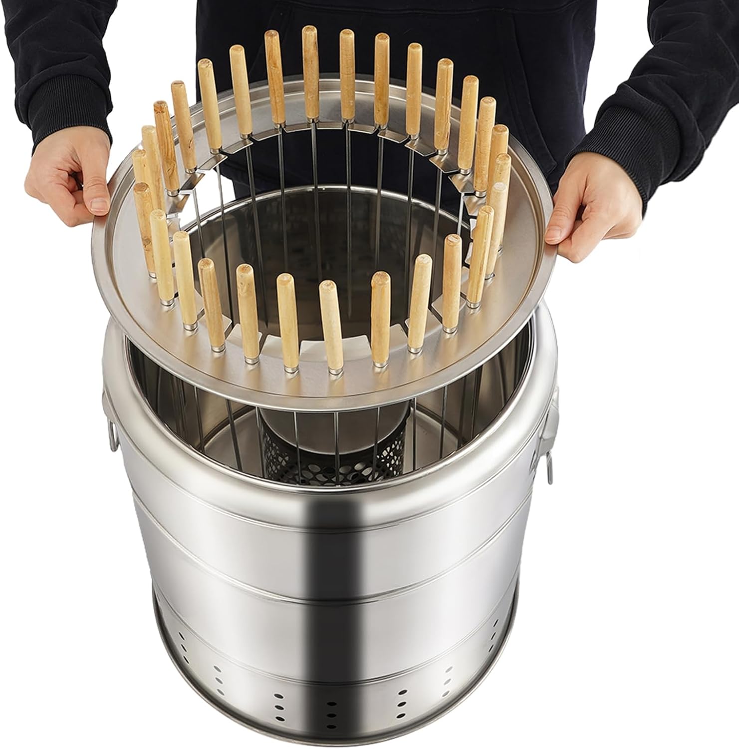 Portable Barbecue Charcoal Barrel Grill, Stainless Steel Surround Charcoal kebab Grill with 28 Skewers Grilling Accessories Set, for Travel Camping Picnic Patio Backyard - Diameter 15.4 inch