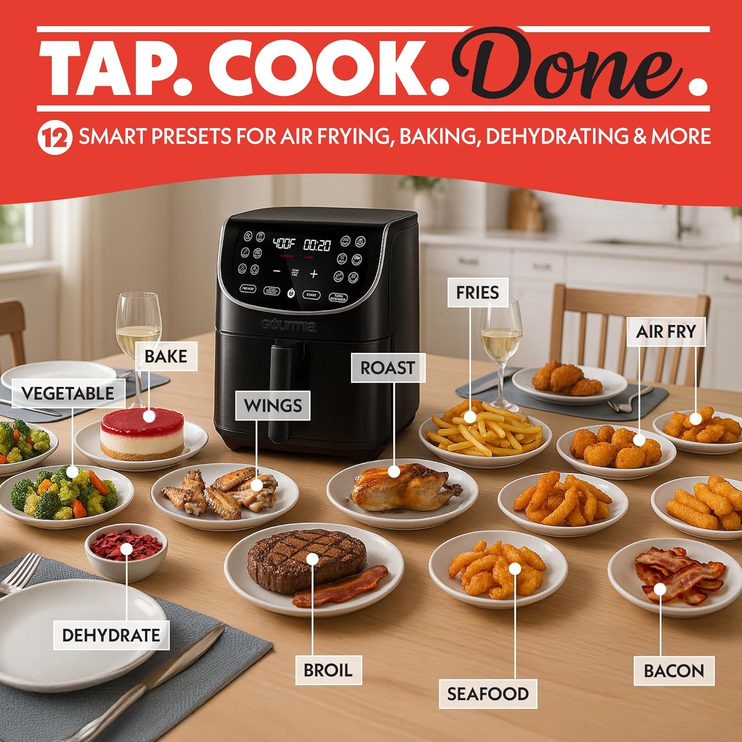 Gourmia Air Fryer - 7 Qt Large Capacity, FryForce 360º, Digital Display with 12 Presets, Roast, Bake, Broil, Dehydrate, Dishwasher Safe Accessories, Black