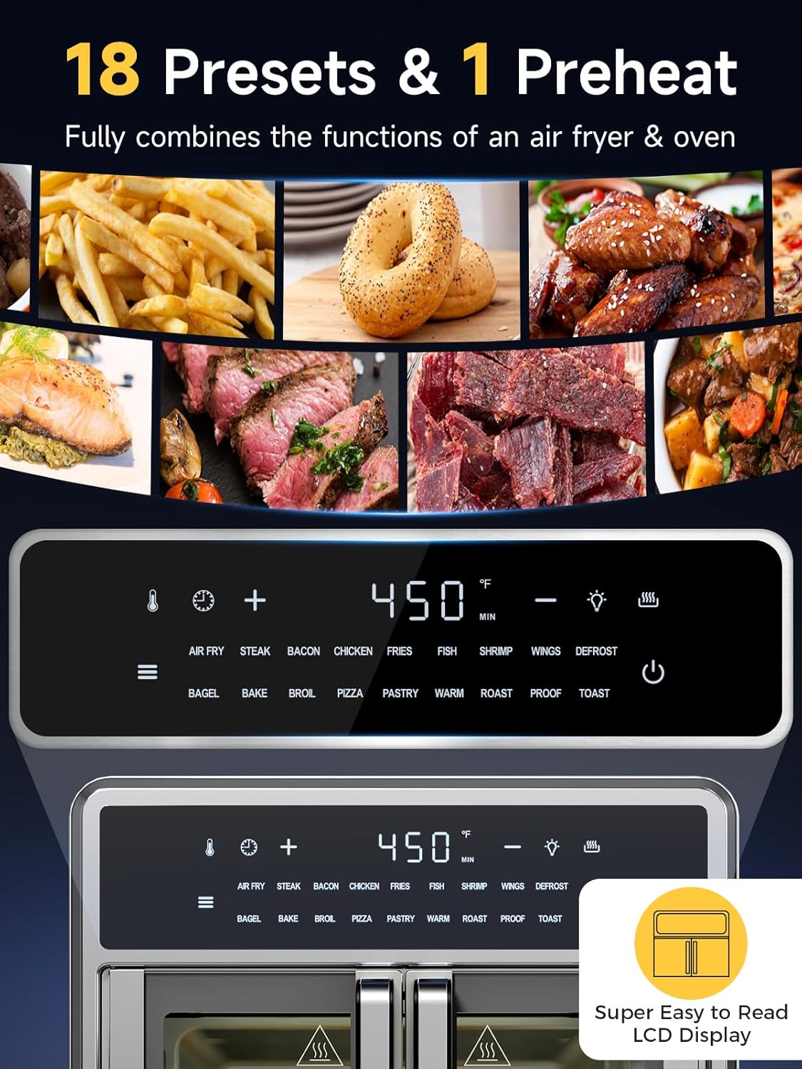 Kitchen Elite Air Fryer French Door Oven,15.8 Qt Toaster Oven Countertop Combo,18 Presets & 1 Preheat & Light, Airfryer Basket,Wire Rack,Baking Pan,Crumb Tray,Compact Design,Stainless Steel,Small