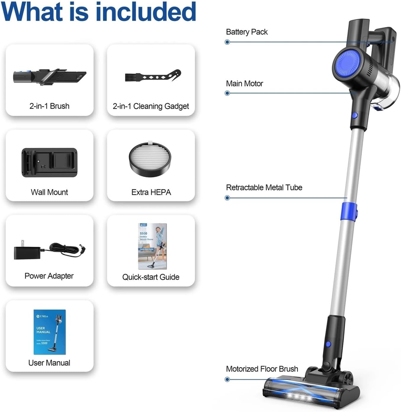 S500 Cordless Vacuum Cleaner | 25KPa Brushless Motor | 40Min Runtime | 6-in-1 Lightweight | Bagless Design |Compatible with INSE​