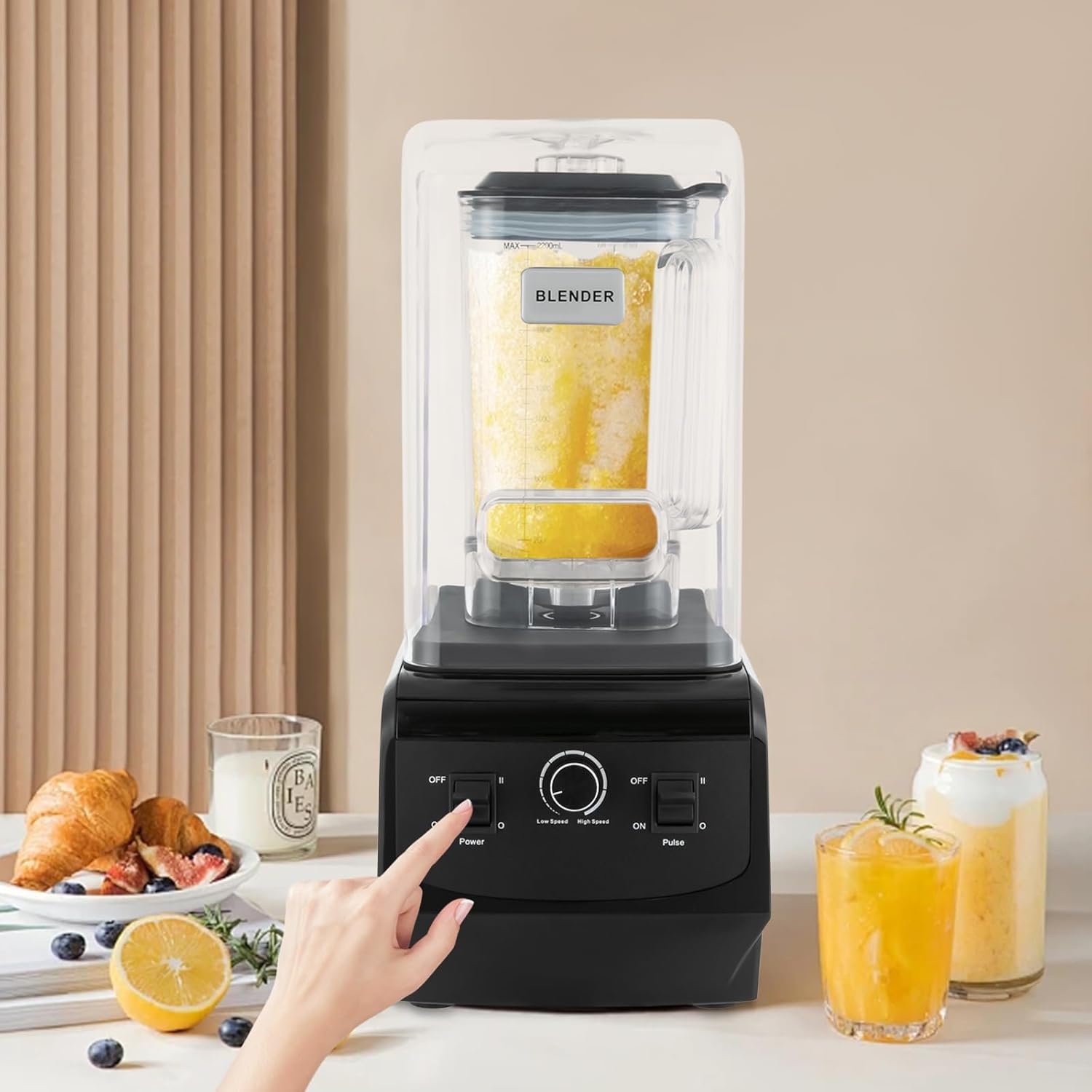 Professional Blender Smoothie Machine with Soundproof Cover Stainless Steel Ice Sabre Blades 74.4oz Blend-In Portable Travel Jar for Kitchen Black