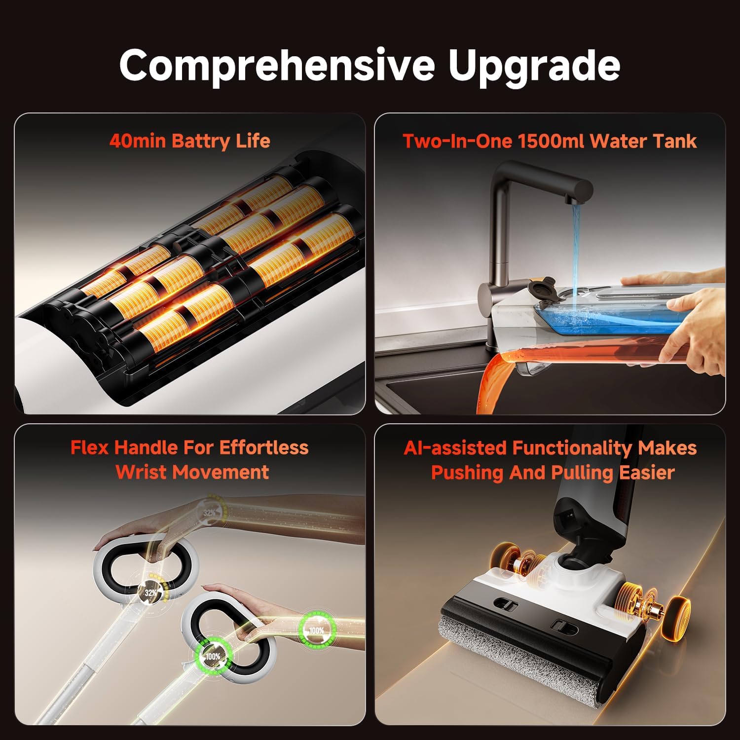 uwant D100 Wet Dry Vacuum Cleaner 180°Lay-Flat Vacuum Mop All in One with 18000Pa Suction Auto Self-Cleaning Anti Odor Stick Pushin Mop Dual-Edge Cleaning Electeic Mop Set for Hard Floor/Carpet,Milky