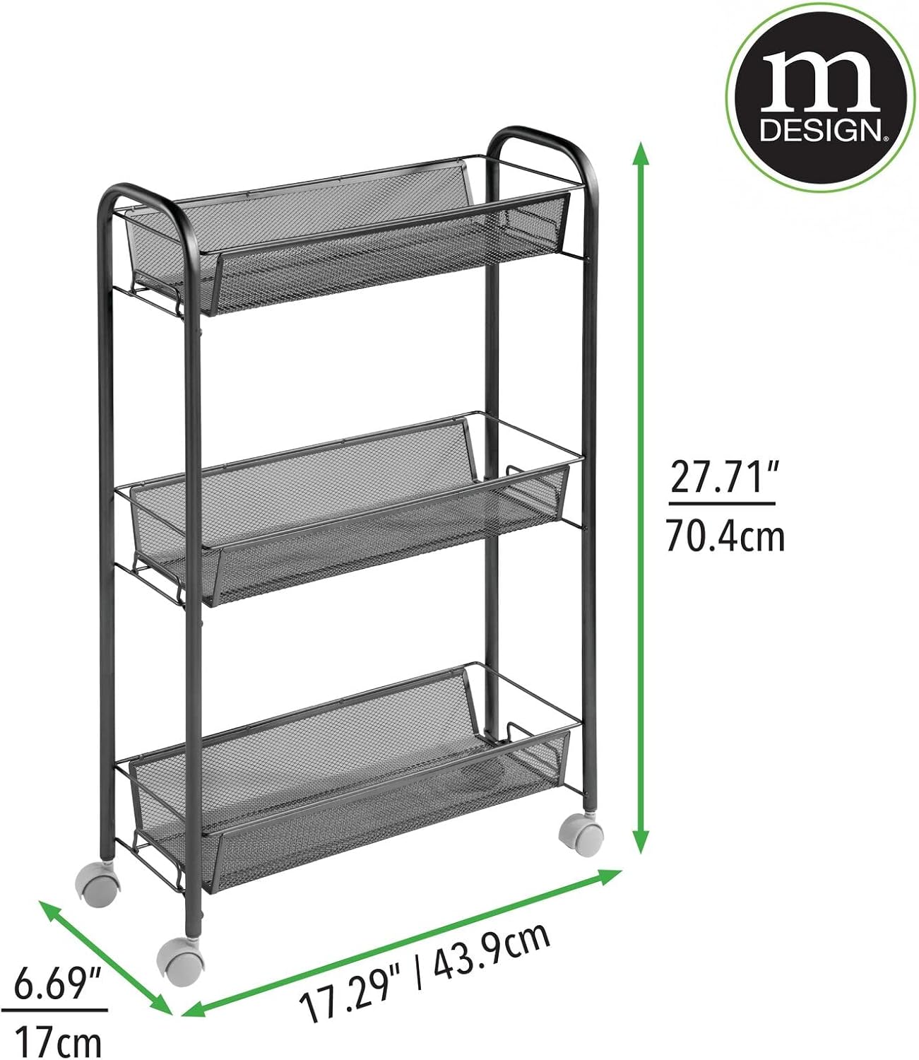 mDesign Steel Rolling Utility Cart Storage Organizer Trolley with 3 Basket Shelves for Laundry Room, Mudroom, Garage, Bathroom Organization - Holds Detergents, Hand Soap - Biro Collection, Black