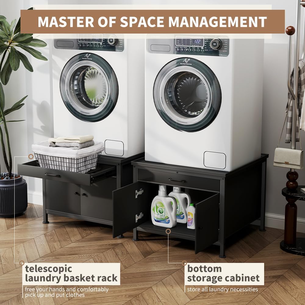 LUCKUP Laundry Pedestal for Washer & Dryer, Heavy Duty Platform Base Stand 29”Universal Fit All Machines w/Laundry Basket Shelf and Built-in Drain Hose