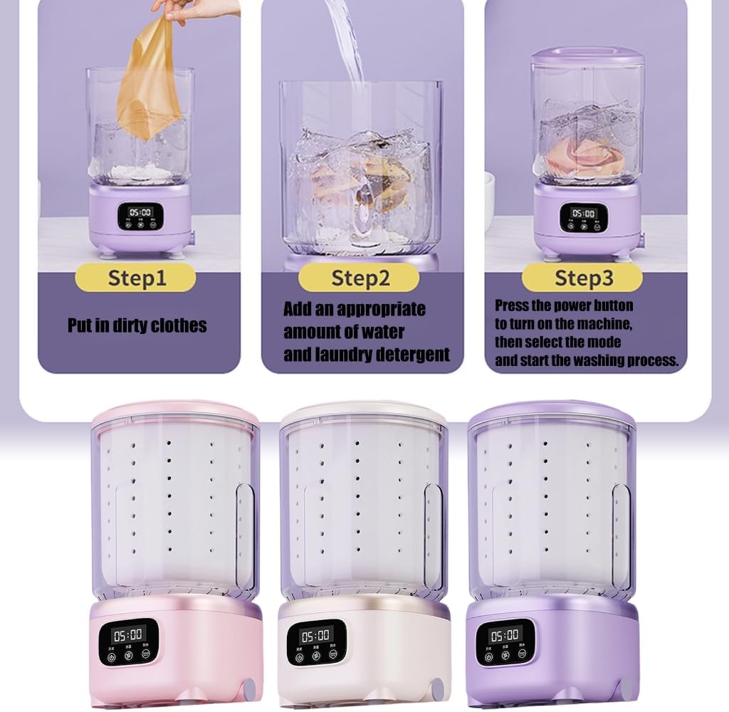 Generic Fully Automatic Portable Washing Machine with Drying 2L Capacity Cordless Rechargeable 3000mAh Battery Compact Washer Dryer for Lingerie Socks Travel Apartment (Purple)