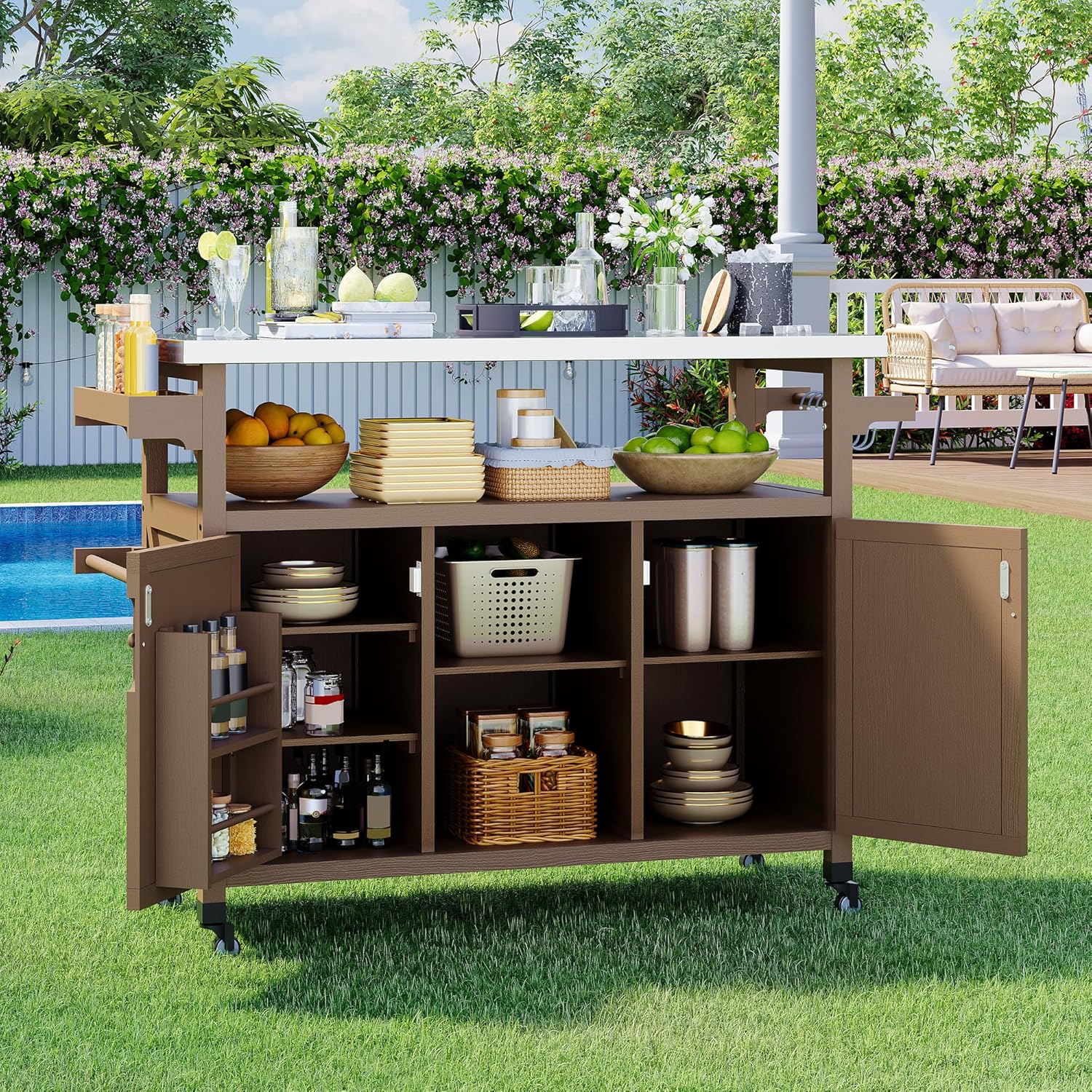 Garvee Outdoor Grill Cart with Storage, Outdoor Bar Cart Rolling BBQ Movable Pizza Oven Table Stand, Kitchen Island Carts with Stainless Steel Top, Spice Rack, Towel Rack & Storage Cabinet, Coffee