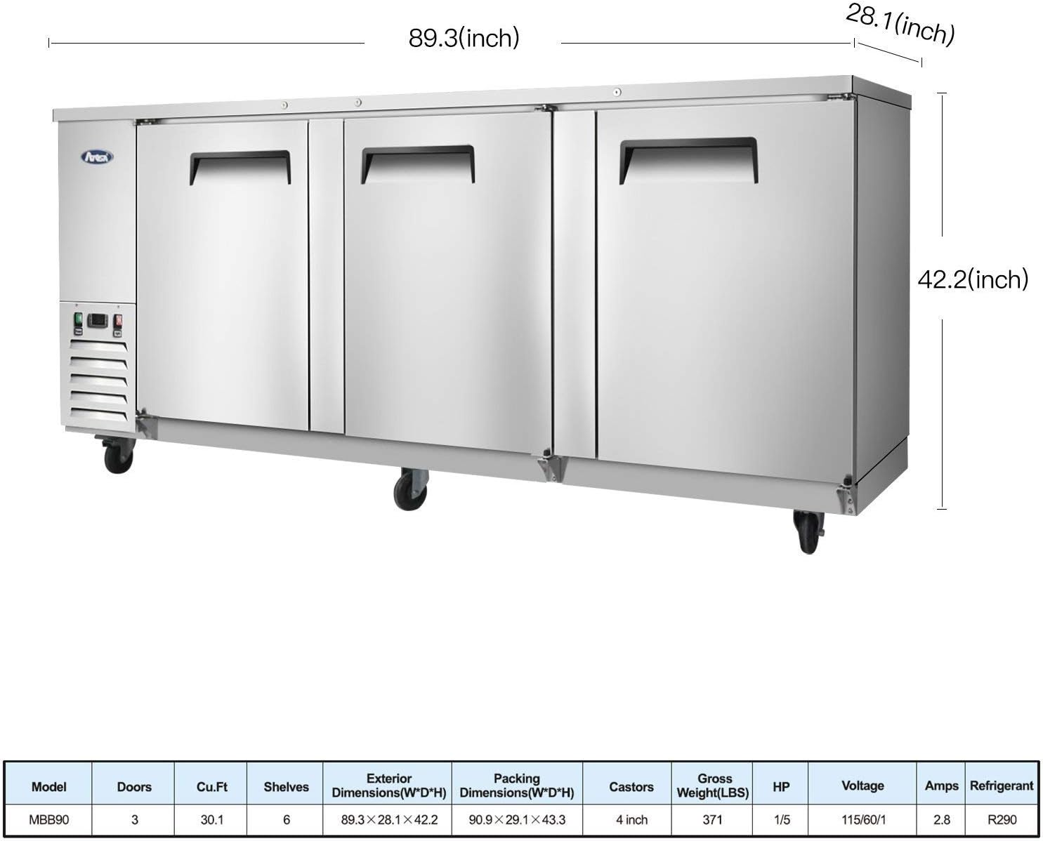 Atosa Commercial Bar Back Refrigerators, Counter Height 3 Doors Beer Beverage Cooler with LED Lighting MBB90