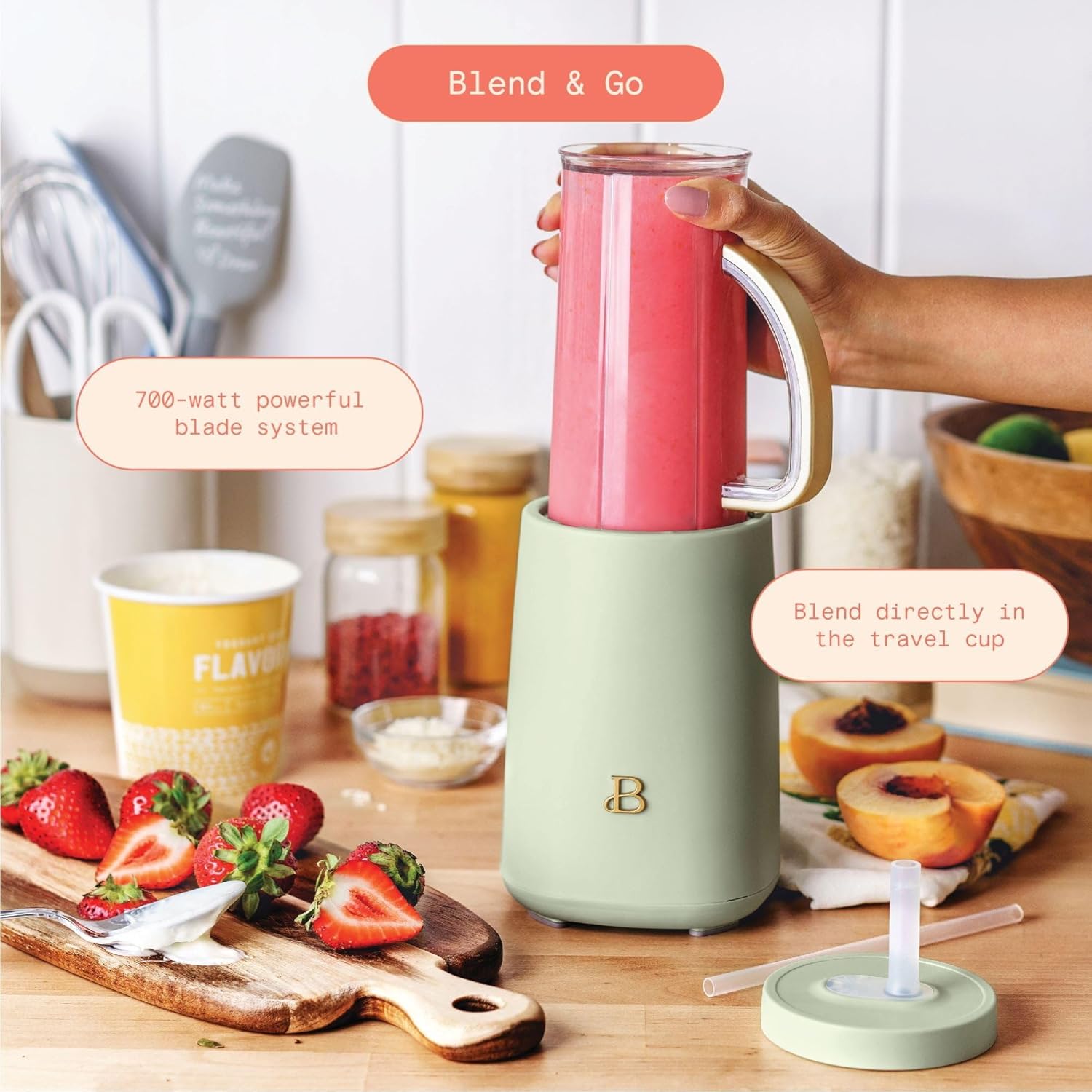 Beautiful 12-Piece Personal Blender Set, 240W Power, With Blend-and-Go Cups, Leak-Resistant Lids, Easy Clean, Compact Design, Ideal For Smoothies, Shakes & Meal Prep (Sage Green)