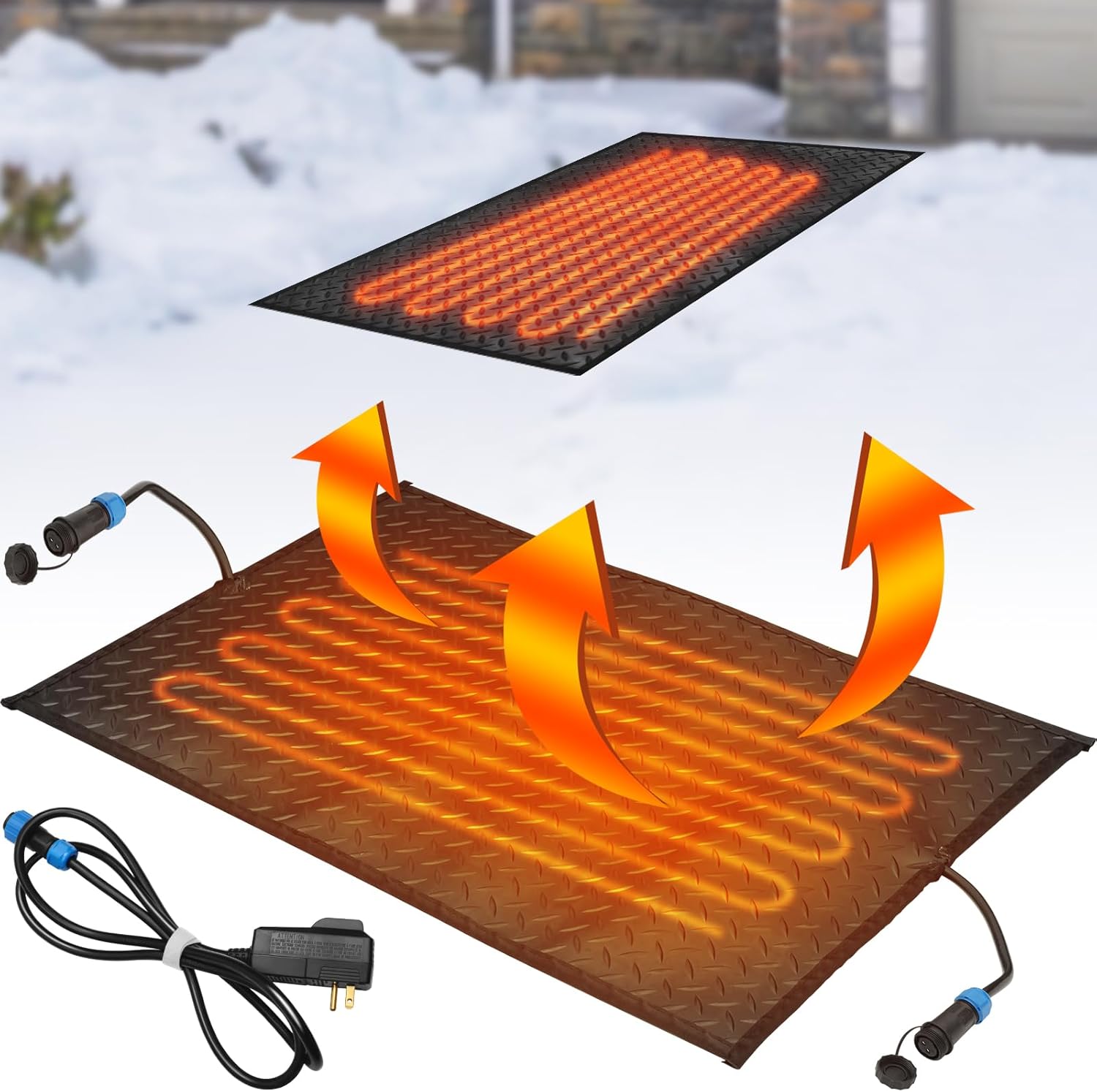 Baquler 40'' x 60'' Heated Snow Ice Melting Mats No Slip Heated Outdoor Mats Melts up to 3 Inches/h and Ice with 9.84 ft Power Cord for Winter Snow Removal Stairs Steps Driveway Walkway Decks Sidewalk