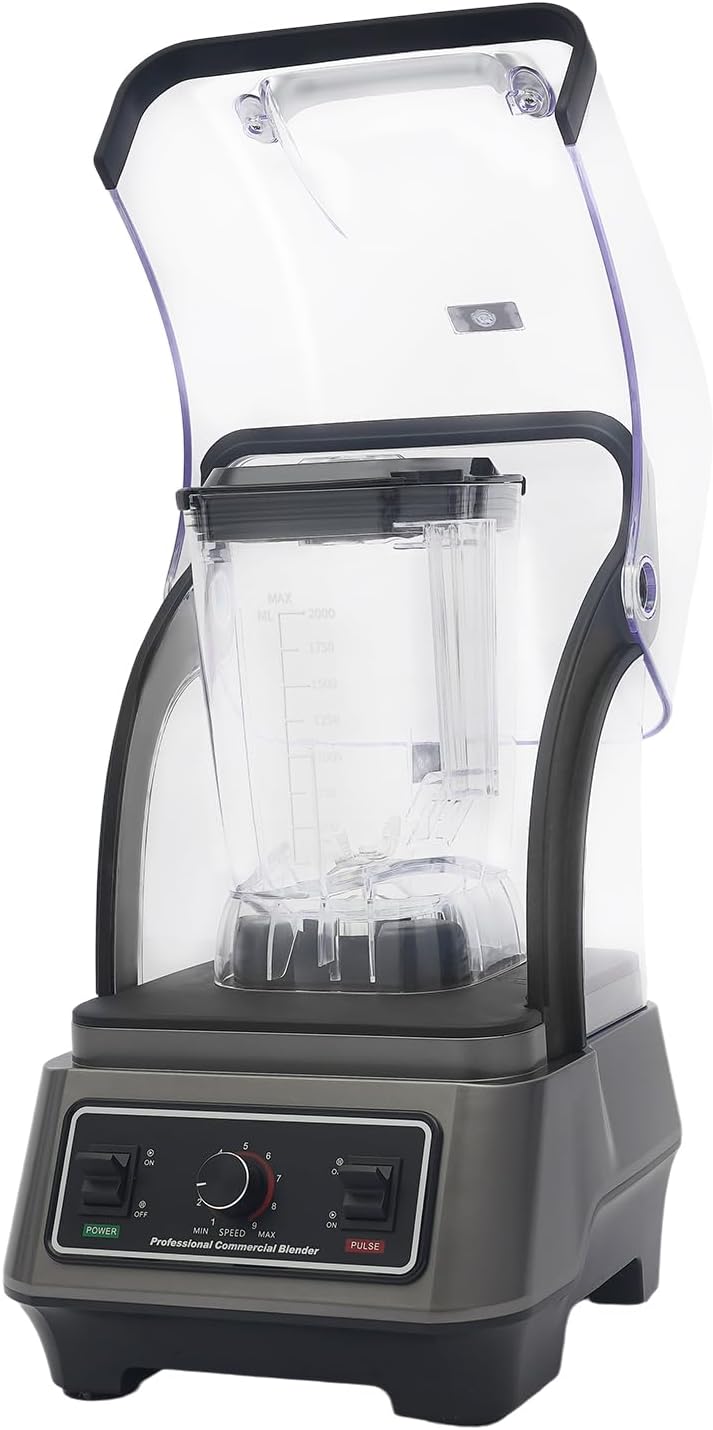 Commercial Blender with Thick Shield 1600W Multifunctional Blending Machine with Soundproof Shield 2L/67.63oz Countertop Heavy Duty Blender with 9-Speed Control 11.42 x 10.63 x 19.29in