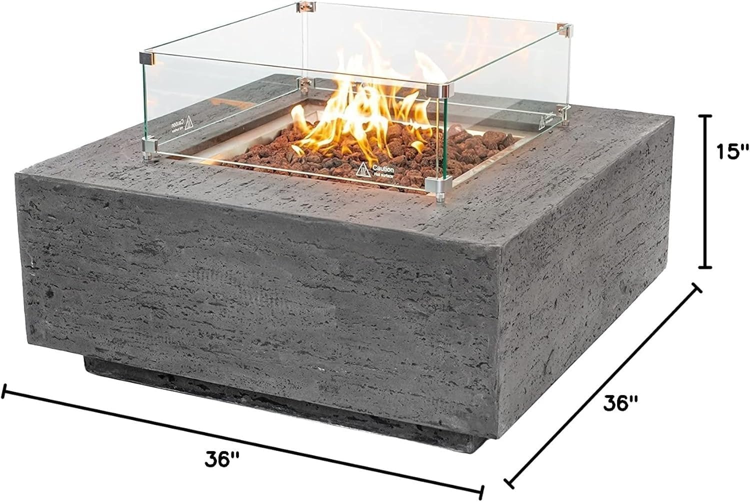 AMS Creations | Albany 36 inches Square Propane Gas Outdoor Fire Pit Table | Concrete GFRC Fire Pit Table | with SS Lid, Canvas Cover, Tank Cover, Lava Rock and Wind Guard Included