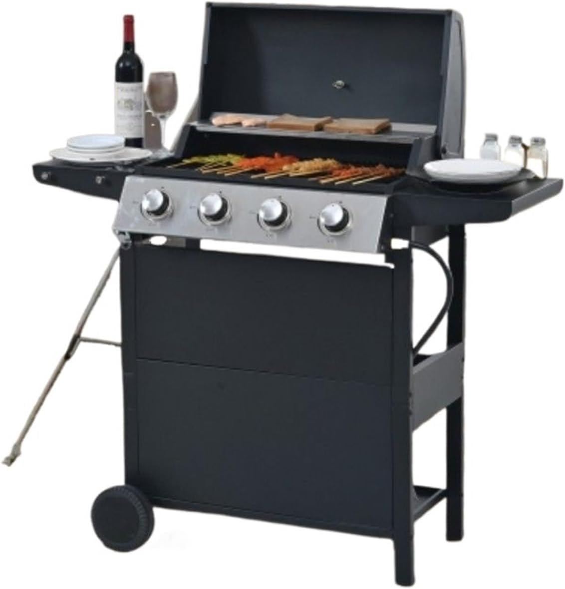 4 Burner Barbecue Grill, Stainless Steel 34,000 BTU Patio Garden Barbecue Grill with Two Shelves, Lid, Wheels and Bottle Opener