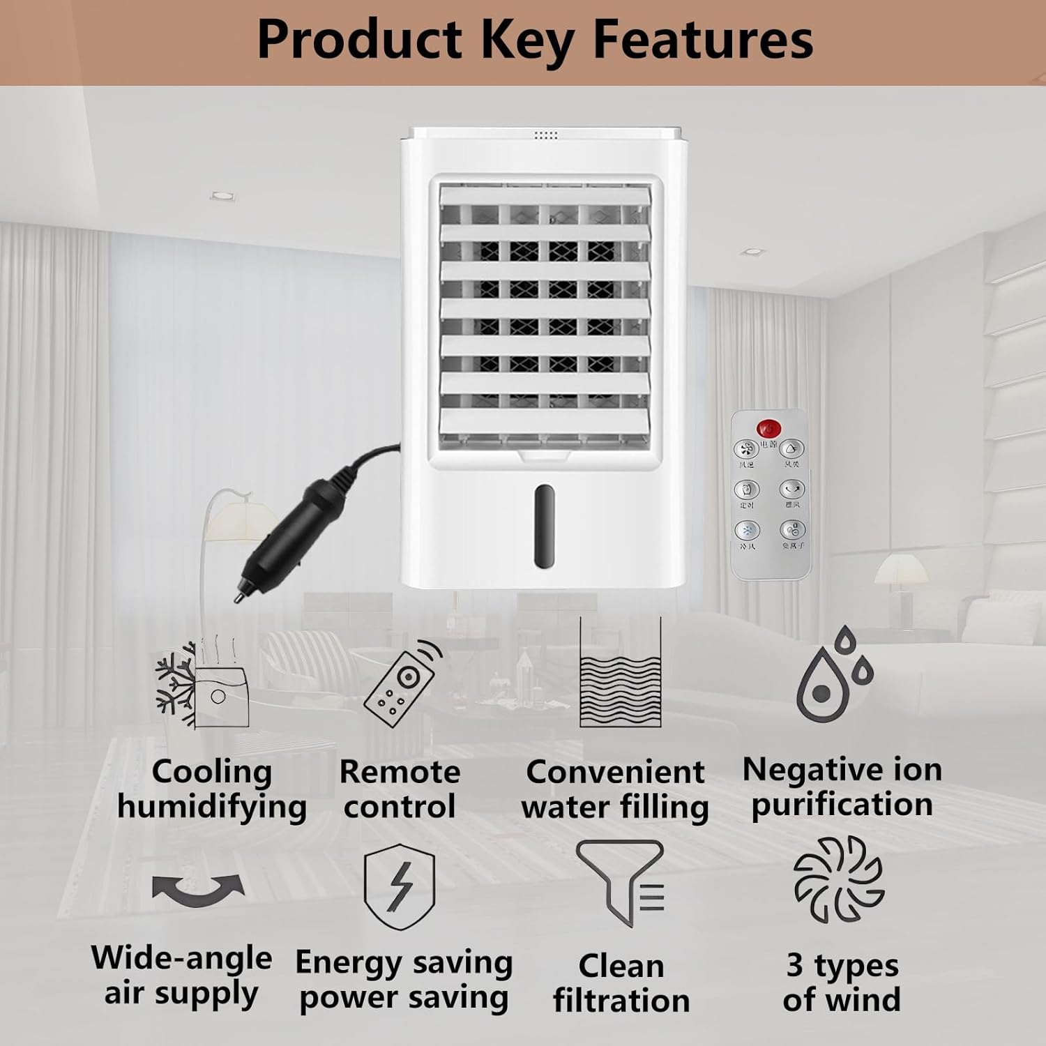 Air Cooler 4-in-1 Portable Air Conditioner Humidifier Cooling Fan Negative Ion Filter Personal Air Conditioning Unit Ac Unit Mini Fan with 3 Wind Speed Timer for Car Home Office 24VHomeCar