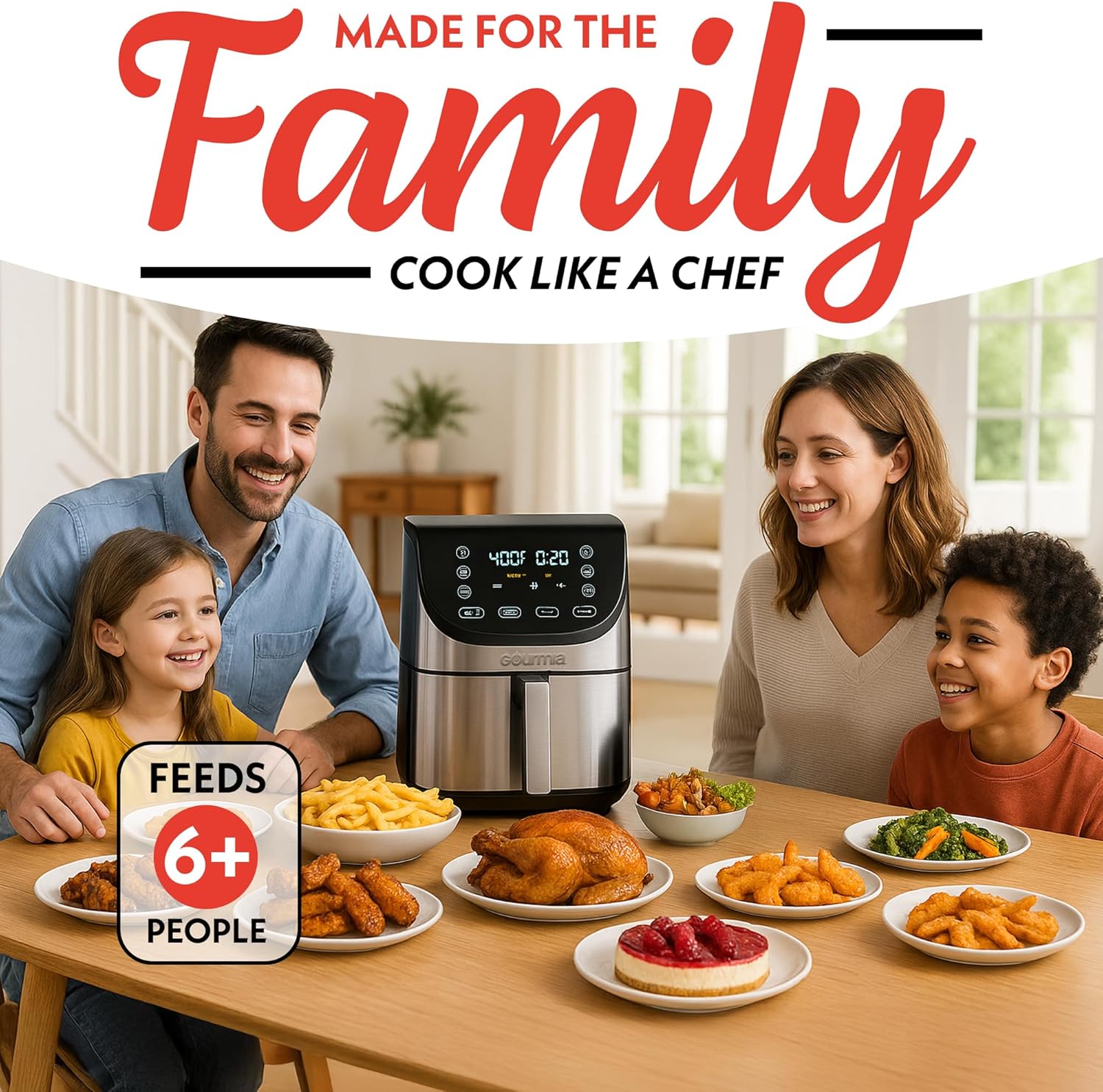 Gourmia Air Fryer - 8 Qt Extra Large Capacity, FryForce360º, Digital Display with 12 Presets, Roast, Bake, Broil, Dehydrate, Dishwasher Safe Accessories, Stainless Steel