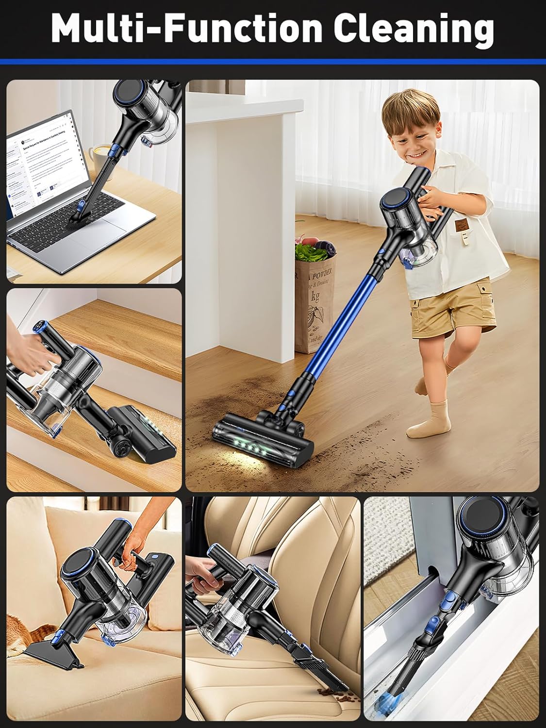 Cordless Vacuum Cleaner, 45KPA 8 in 1 Lightweight Vacuum Cleaners for Home, 50Mins Anti-Tangle Stick Vacuum, LED Display, Rechargeable Vacuum for Pet Hair/Carpet/Floor (Blue)