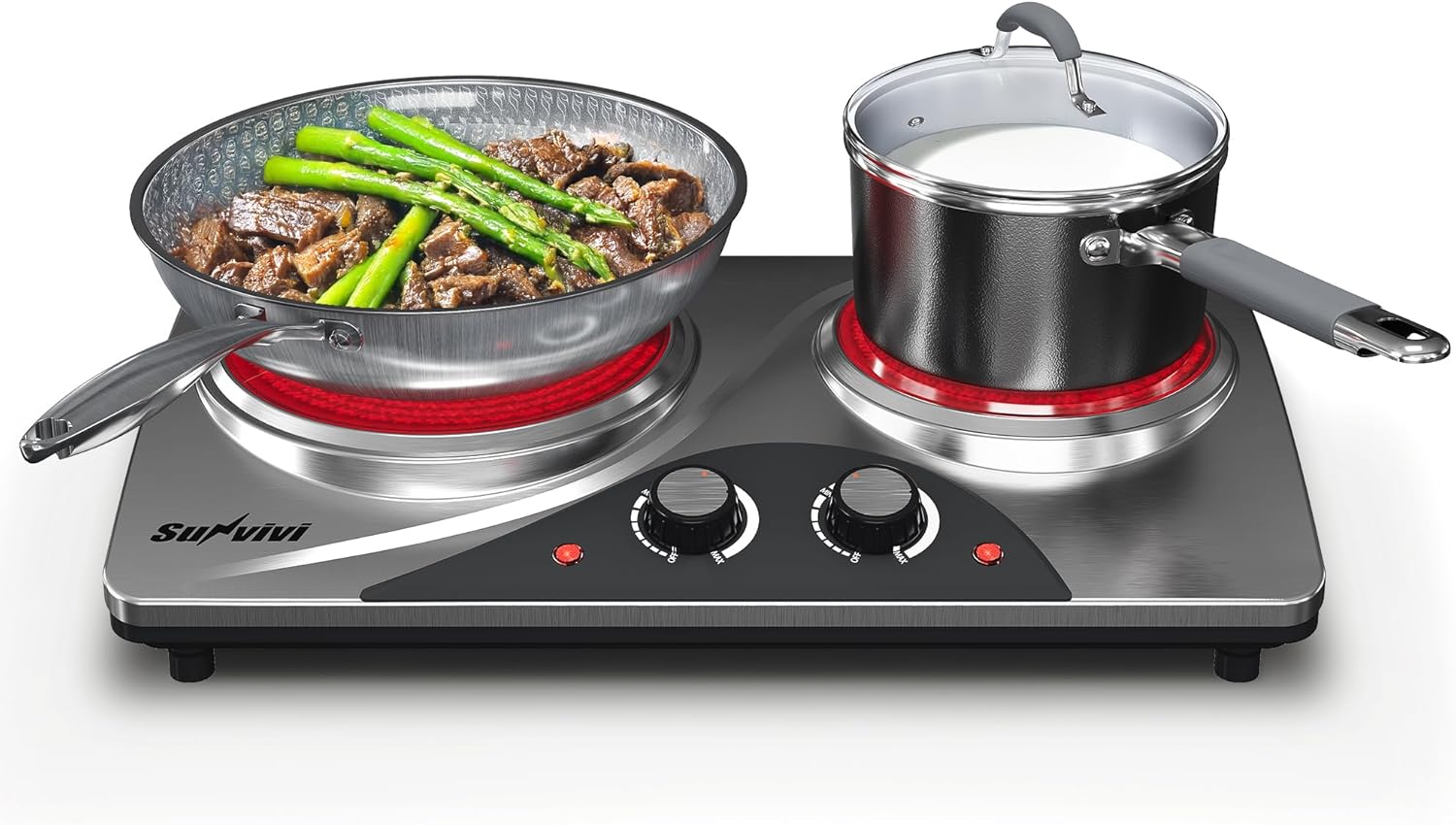 1800W Dual Burner Portable Electric Ceramic Stove with Knob Control, Indicator Light, Universal Cookware Compatibility, Ideal for Versatile Cooking Applications,Silver