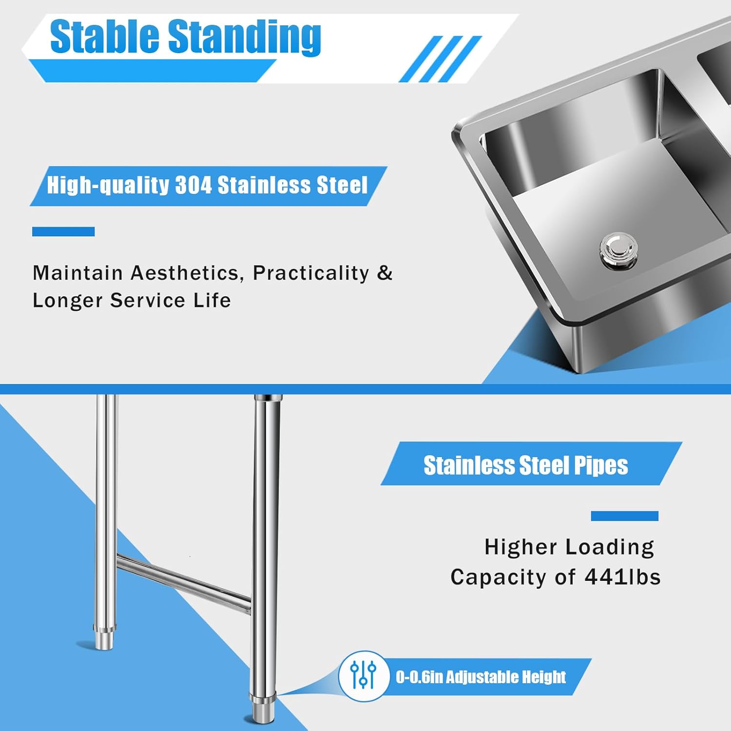 Utility Sink 304 Tainless Steel Table with Sink Outdoor Sink Station 3 Compartment Sink Commercial Kitchen Appliances Laundry Room, Workshop and RV(39 * 18 * 35.8 IN)