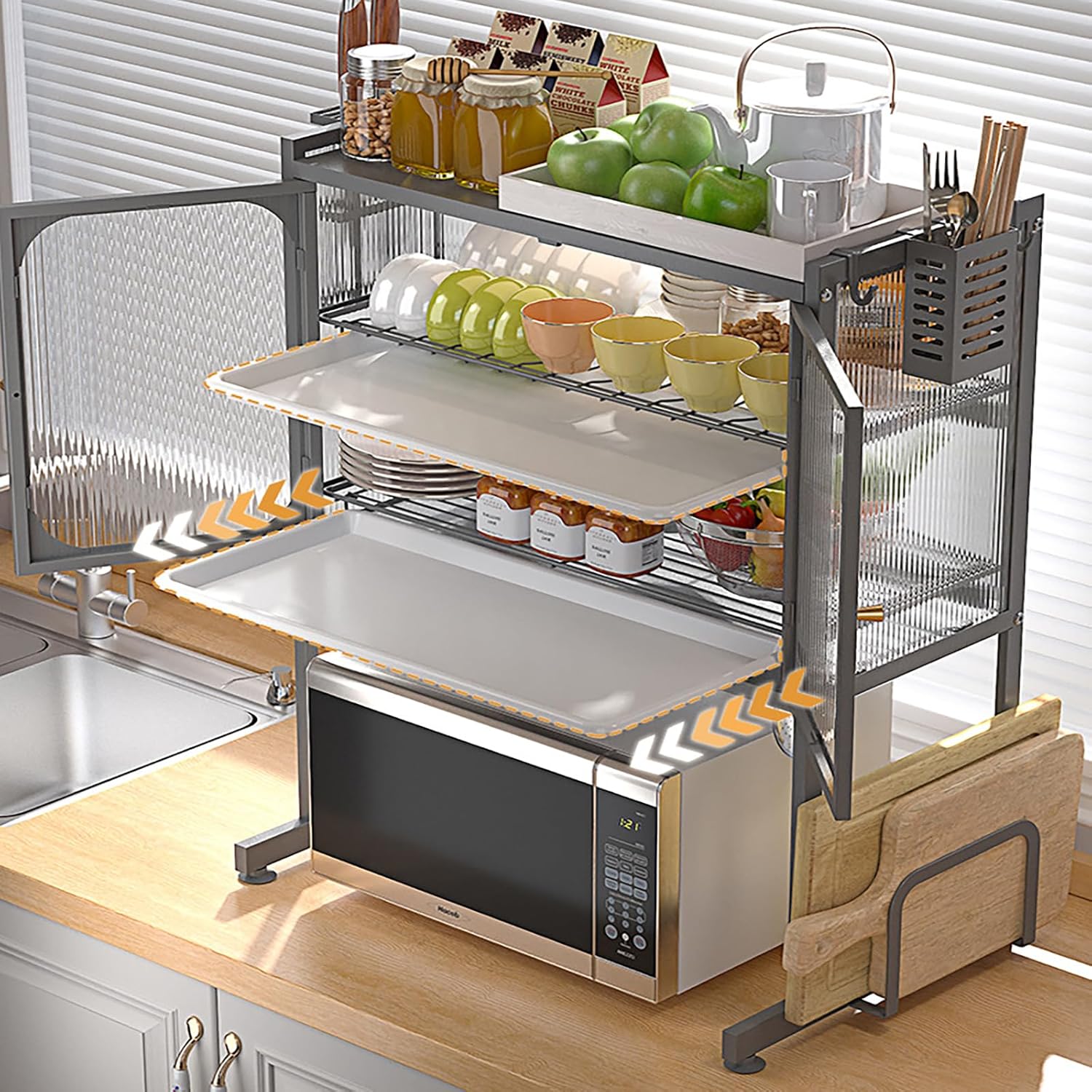 Countertop Microwave Oven Rack, Kitchen Dying Rack with Storage Cabinet Tableware Organizer Shelf with Draining Trays Knife/Chopping Board Holder