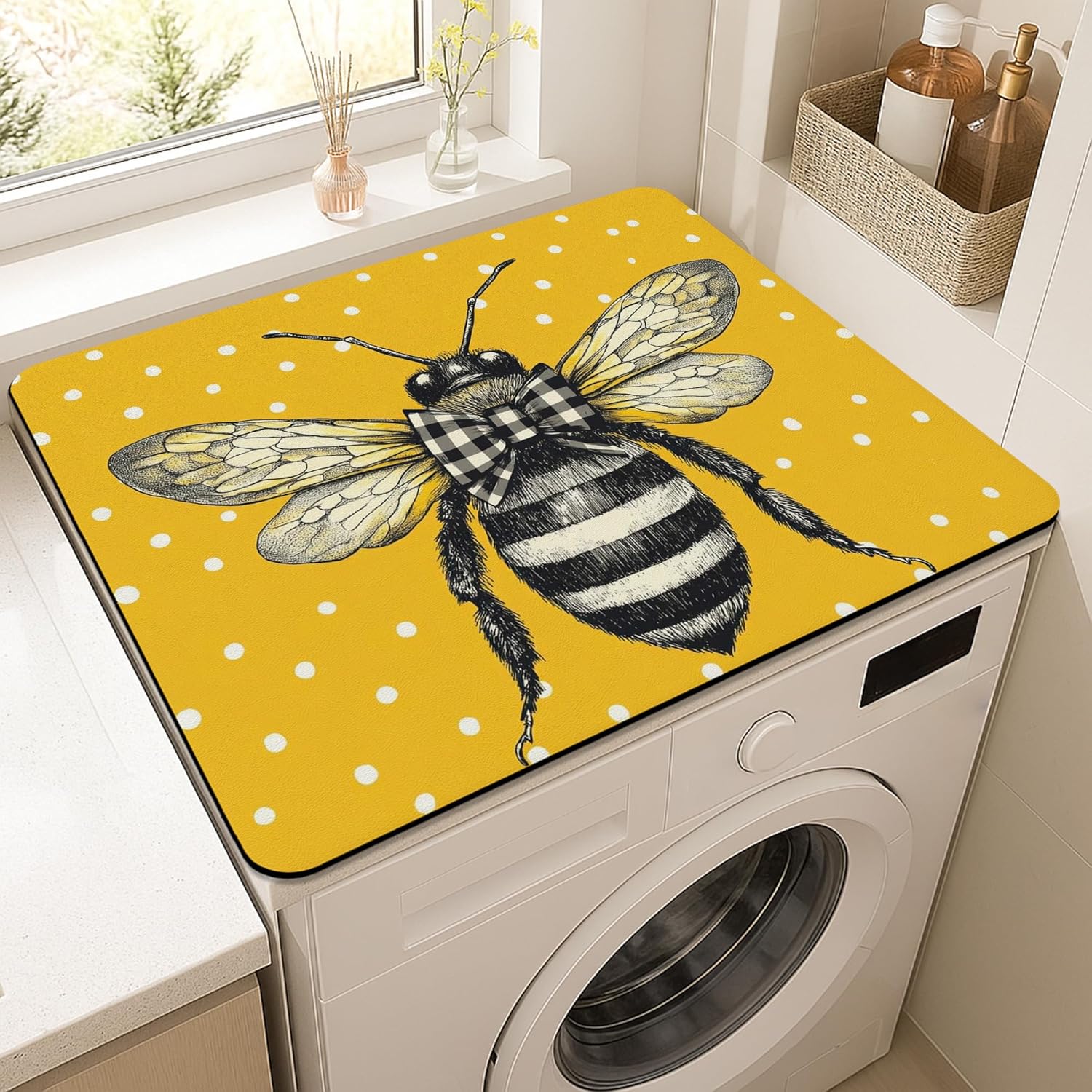 Bee Themed Washer Dryer Top Protector Mat, Vintage Illustrated Bee Laundry Machine Cover, Yellow Seasonal Dust Proof Rubber Anti-slip Waterproof Mats for Laundry Room 20x24 Inch
