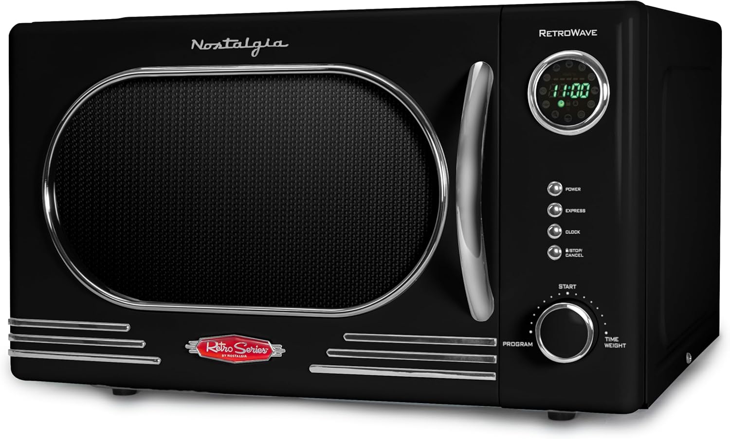 Nostalgia Retro Countertop Microwave Oven - 1.1 Cu Ft & 1000 Watt Power- Easy to Clean with Removable Glass Turntable - Child Safety Lock - 12 Programs - Digital Clock - Black