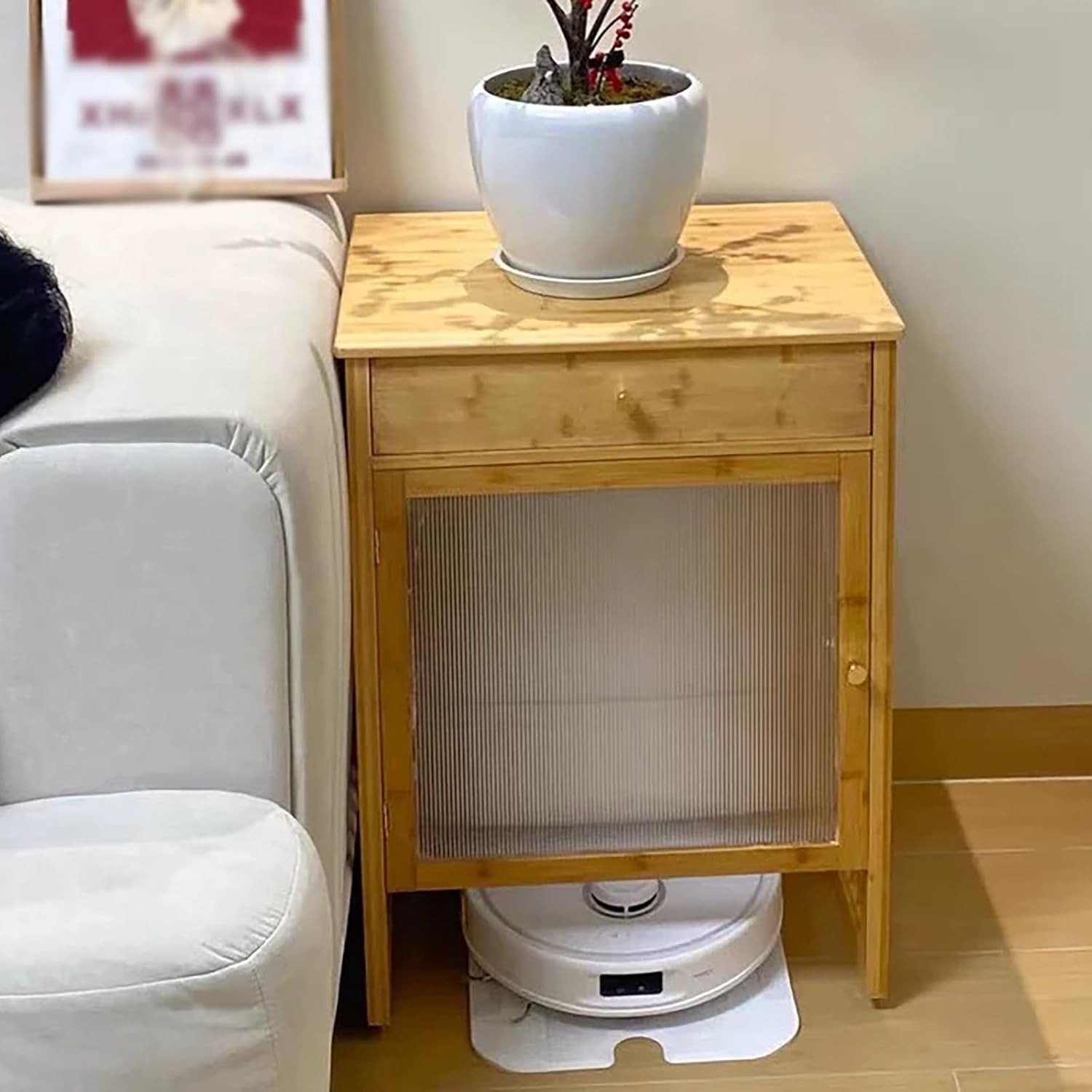 Heavy Duty Modern Sweeper Robot Storage Side Table, Printer Aquarium Storage Stand for Robot Vacuum Hiding, Office Hotel Living Room Coffee Tabletop - Commercial(Natural,55.5x46x73.5 (21.8x18.1x29in))