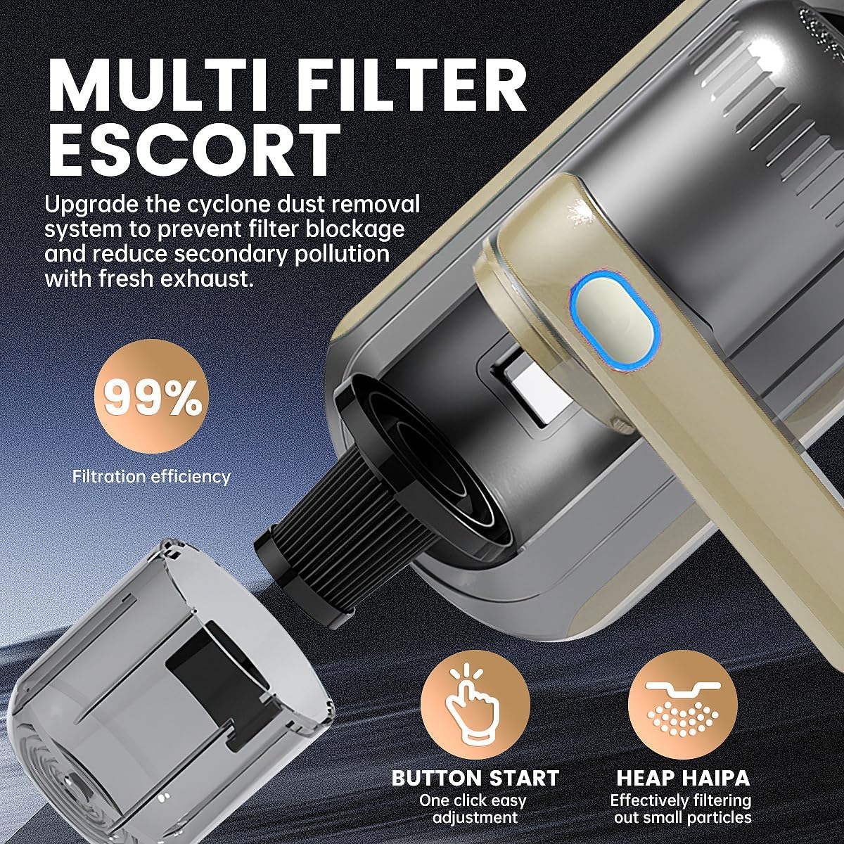 PATO Mattress Vacuum Cleaner, Wireless Handheld Bed Vacuum Cleaner with UV-C Light, HEPA Filter and Ultrasonic Vibration, 12KPa, Suitable for Beds, Sofas, Car Seats, Carpets (Golden)