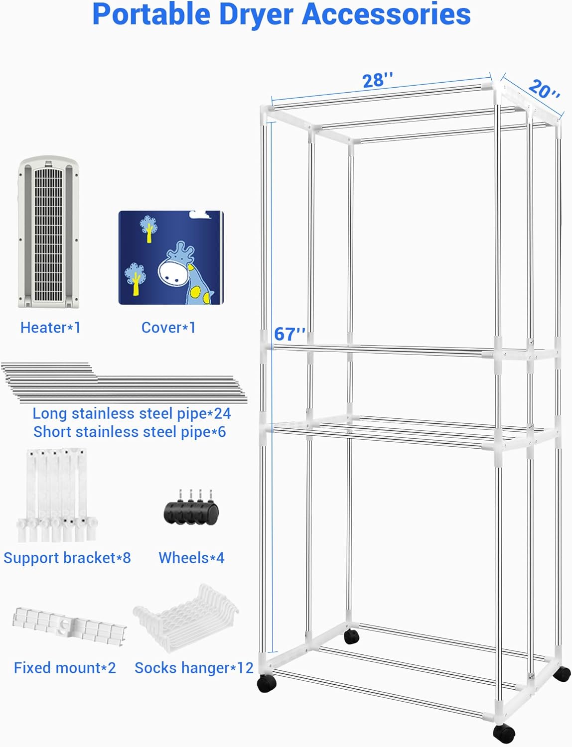 Portable Clothes Dryer, 110V -1600W Clothes Dryer, 67Inch -3 Tier Foldable Clothes Dryers Rack, Energy Saving Portable Dryer for Apartment, Indoor, Travel, RV