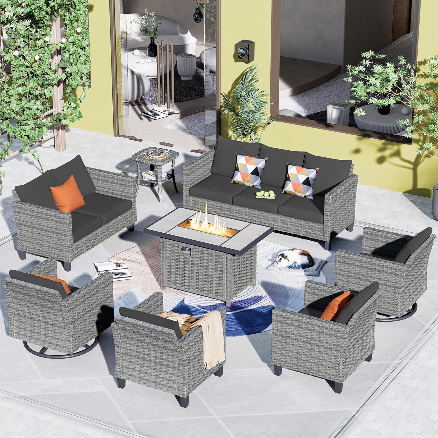 HOOOWOOO Outdoor Patio Furniture Set with Large Propane Fire Pit Table,8 Piece Modern Wicker Sofa Couch Set w Swivel Chair, Outside Weather Resistant Conversation Seating Set w Tile Back(Black)