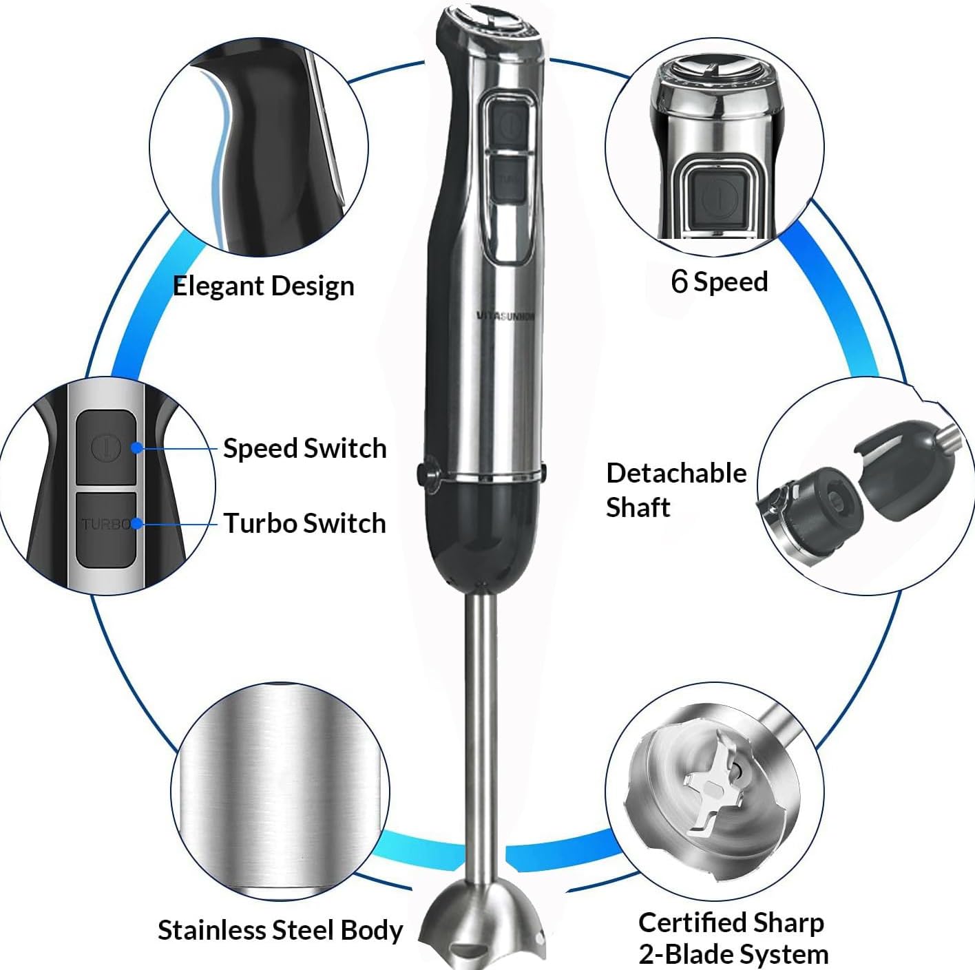 500W Powerful Hand Blender, 4-in-1 Immersion Blender with 6-Speed & Turbo, BPA-Free 600ml Beaker, Whisk, Food Chopper, Stainless Steel Blades, Ergonomic Grip