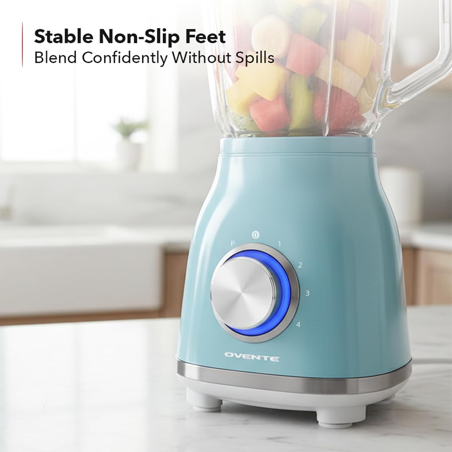 OVENTE Countertop Blender for Shakes and Smoothies with 550W Motor, 50 Oz Glass Jar and Adjustable 4 Speed Settings Ideal for Frozen Fruit Drinks, Puree, Ice Crush, Sauces and More, Blue BLH2604LBL