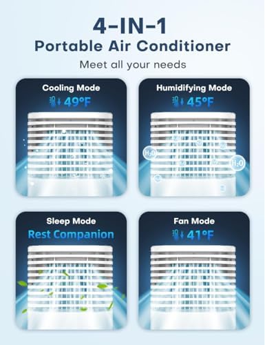 4-IN-1 Portable Air Conditioners, Evaporative Air Cooler w/ 4 Modes & 3 Speeds, 15H Timer for Smart Auto-off, 2-Gal Tank for 20H Cooling,17FT Remote,No Hose Needed,120°Oscillating Swamp Cooler