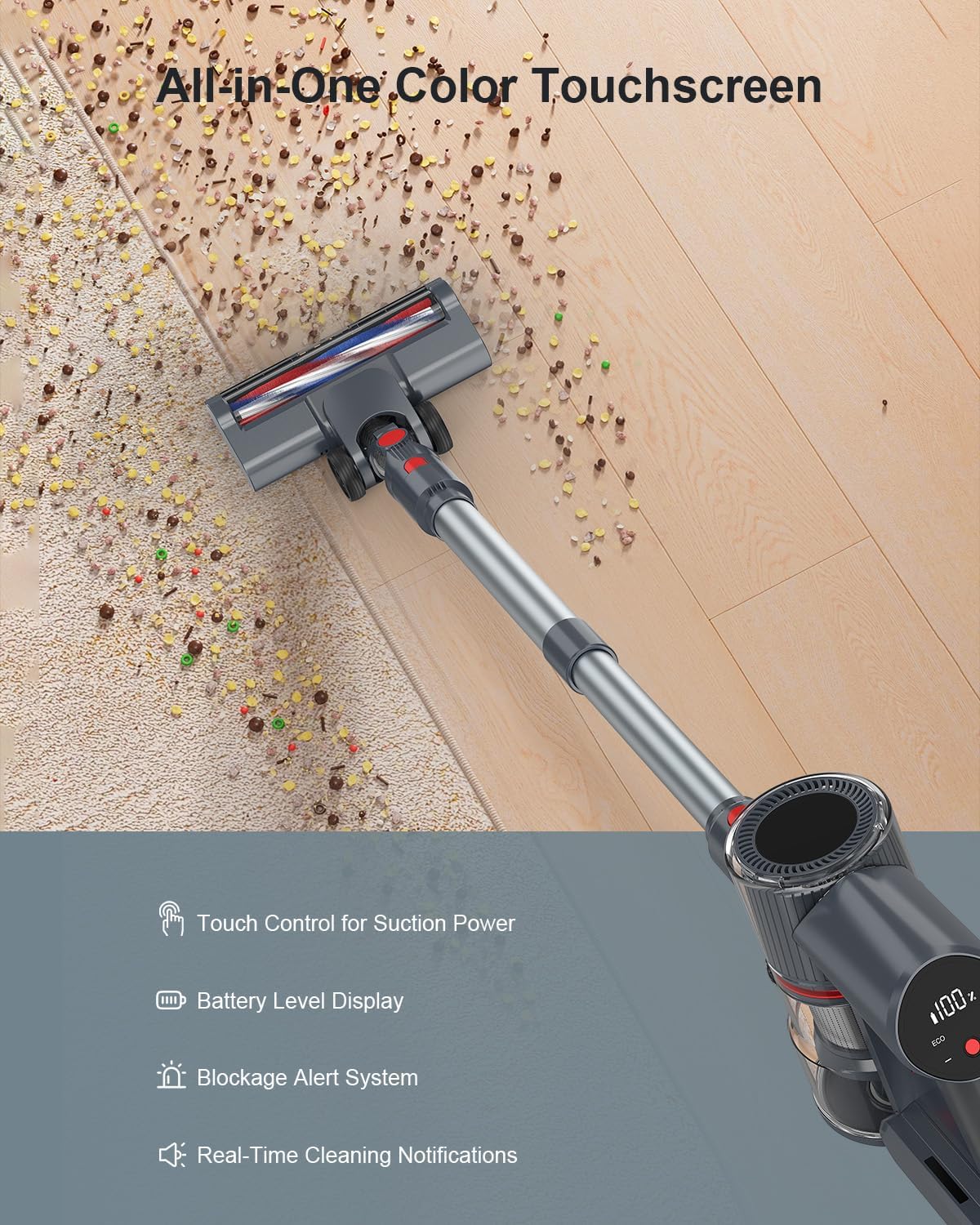 GGV Cordless Vacuum Cleaner, 300W 45KPA Suction Power, 60 Min Runtime, Self-Standing Stick Vacuum with Wall Mount Charging, 3 Modes for Pet Hair, Carpet & Floor