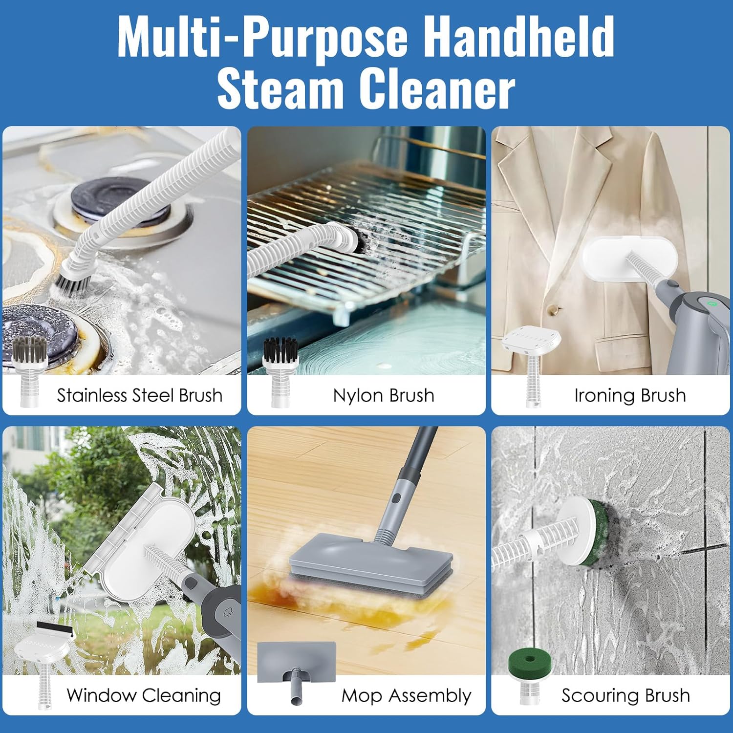 FEPPO 2-in-1 Steam Mop & Handheld Cleaner Bundle with 10-in-1 Accessories & 6 Washable Pads (Includes 4 Extra Pads) - 1300W Powerful Steamer for Floors, Hardwood, Tile, Grout, Windows, Kitchen, Bath