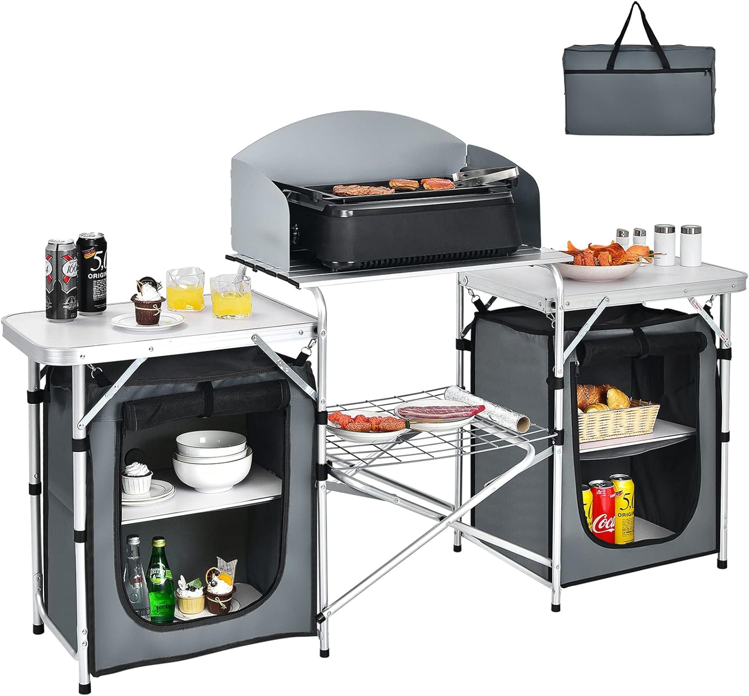Giantex Camping Kitchen Station, Folding Grill Table with 26'' Tabletop, 2 Side Tables, Storage Organizer, Detachable Windscreen, Portable Camp Cook Outdoor Prep Station Backyard BBQ Picnic (Grey)