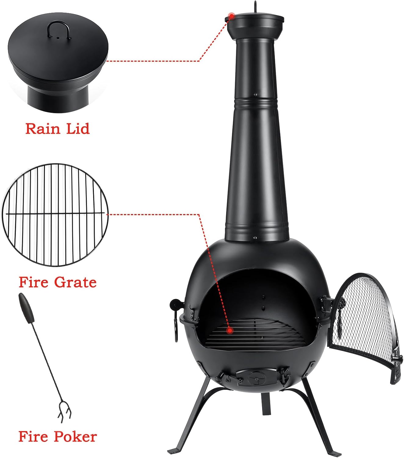 SINGLYFIRE Prairie Fire Outdoor Chiminea Fireplace Deck or Patio Backyard Wooden Fire Pit with Chiminea Cover Rust-Free Iron Black