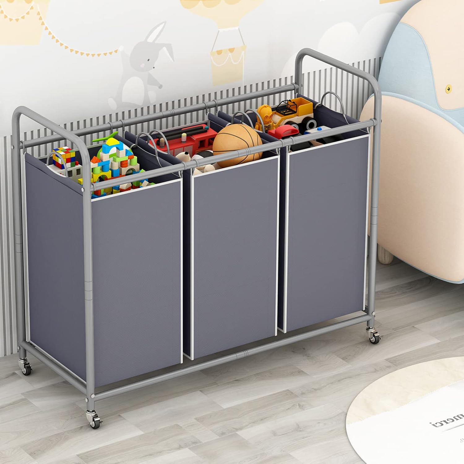 LINZINAR 3-Bag Laundry Sorter,Laundry Hamper Cart with Heavy Duty Rolling Lockable Wheels and Removable Bags (Grey)