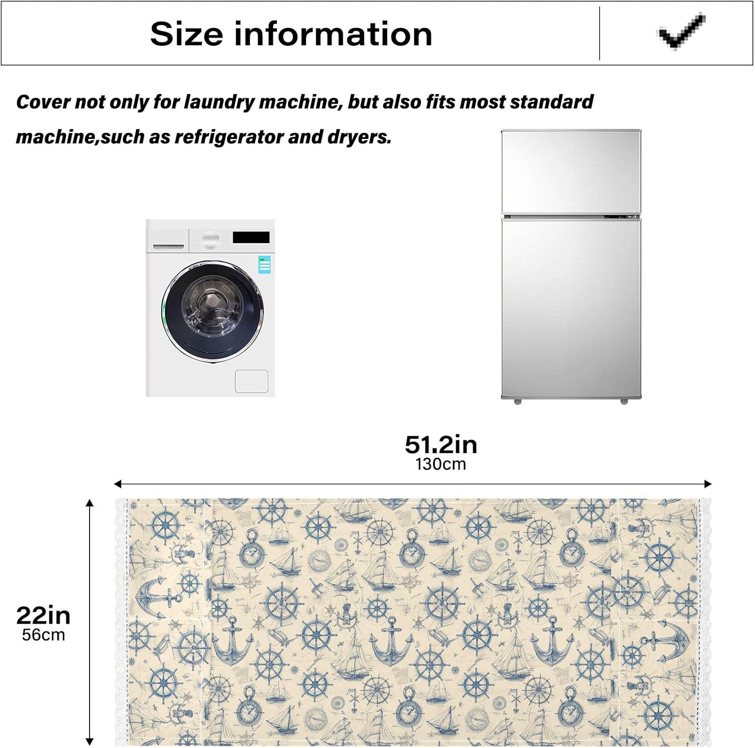 Life Buoy Ocean Rudder Gold Beige Blue lace edge Washing Machine Top Cover with side bag sturdy Washing Machine Protective Cover for Laundry Room Kitchen 51.2x22in