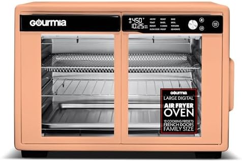 Gourmia French Door Air Fryer Oven - 37 Qt Large Capacity Convection Toaster Oven, FryForce 360°, Digital Display, 12 Cooking Presets, Dehydrate, Fits 13” Pizza, Dishwasher-Safe, Peach
