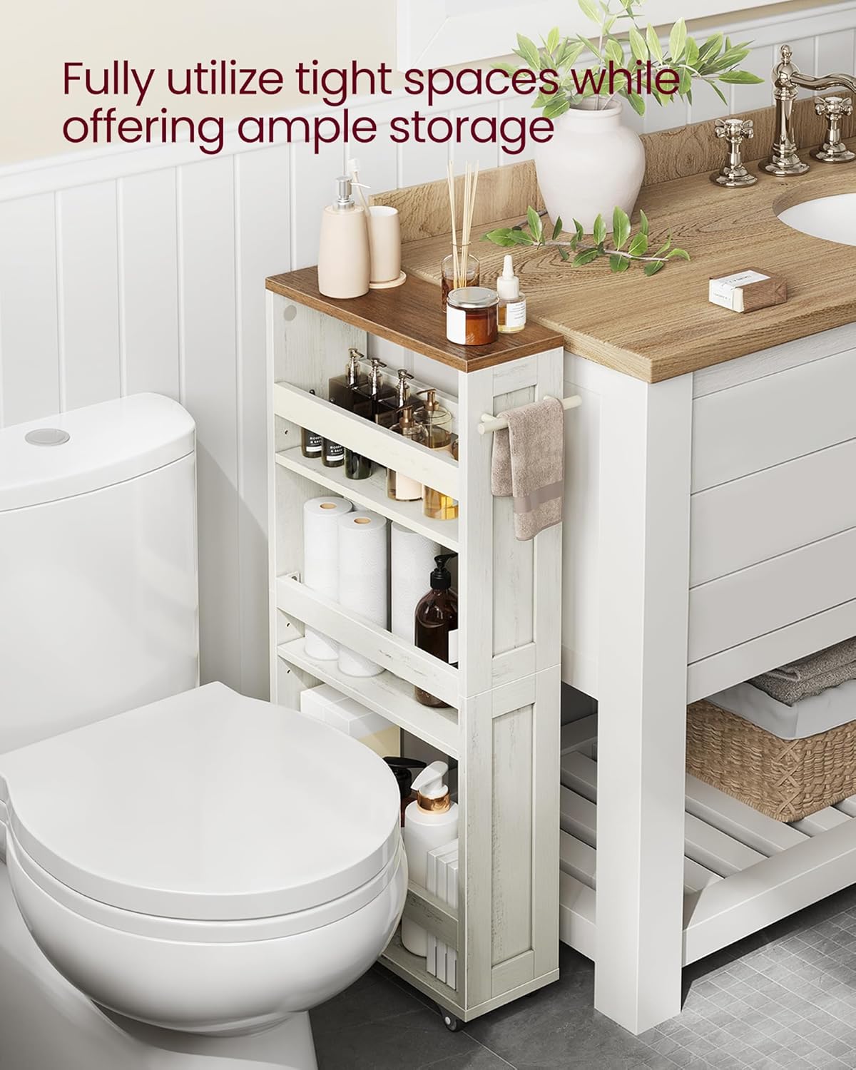 VASAGLE 4-Tier Slide-Out Storage Cart, Slim Kitchen Cart for Small Spaces, with Wheels, Handle, Bathroom, Laundry Room, 5.9 x 17 x 34.1 Inches, Rustic White and Honey Brown ULRC050K01