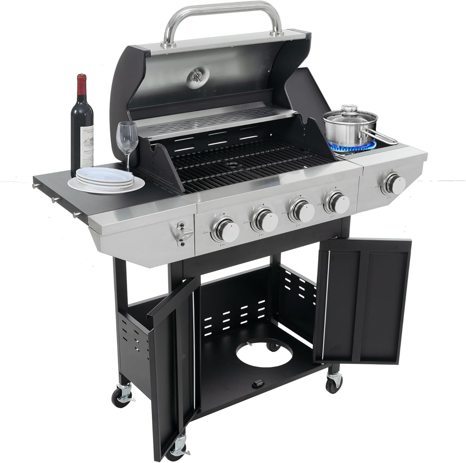4 Burner Propane Gas Grill with Side Burner, Stainless Steel BBQ Grill 46,500 BTU for Outdoor Cooking Kitchen, Garden and Patio Backyard Barbecue Grill Propane Grill